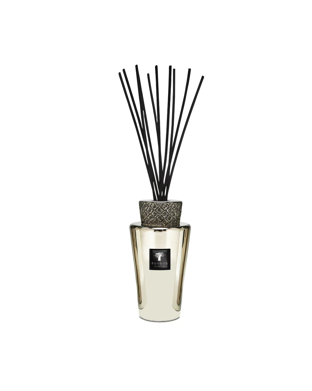 Baobab Collection TOTEM LES EXCLUSIVES PLATINUM diffuser with black reeds and ceramic cap, beautifully designed for interiors.