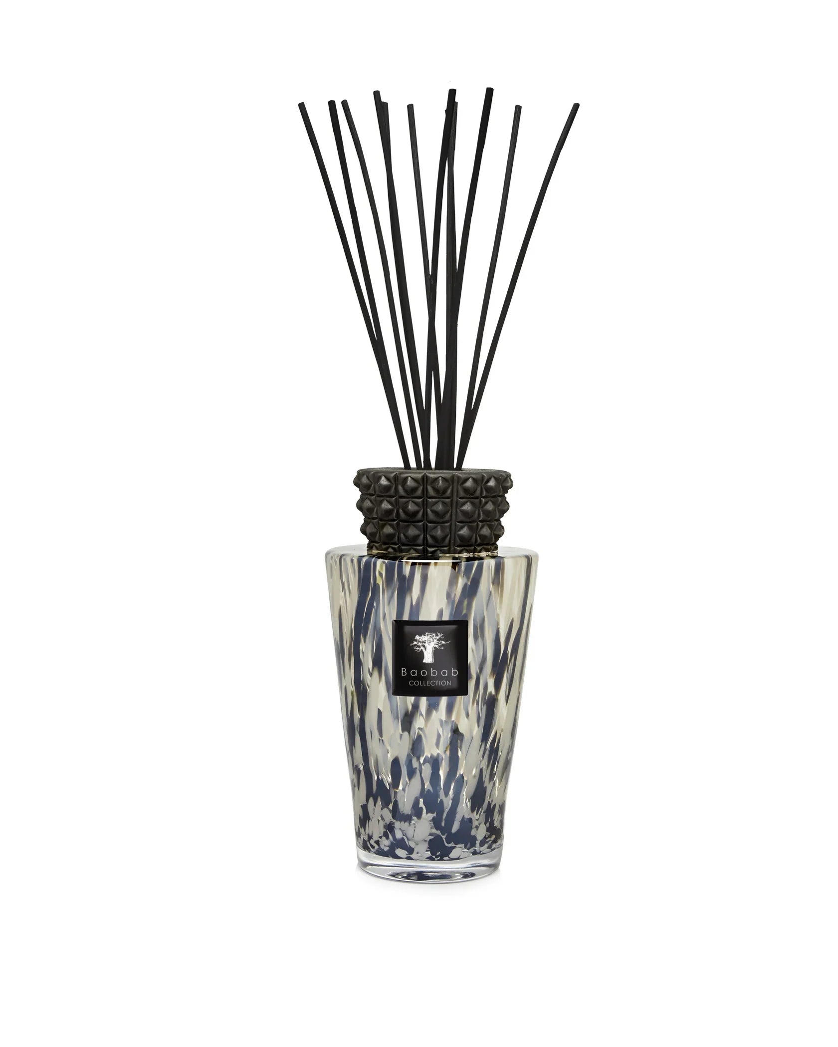 Baobab Collection TOTEM PEARLS BLACK 250ml diffuser with black sticks and sculptural ceramic cap.