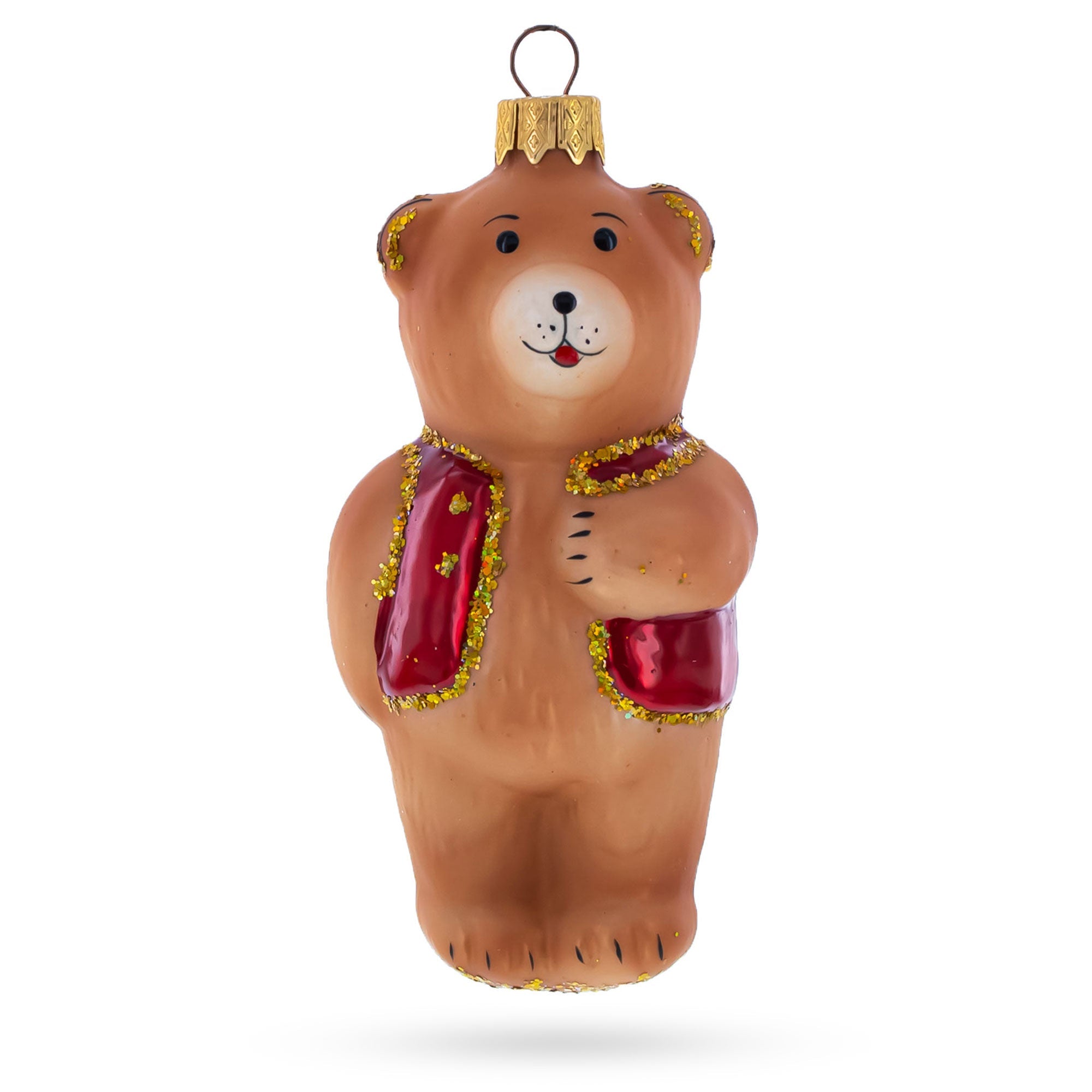 Brown Bear with Red Vest Glass Christmas Ornament