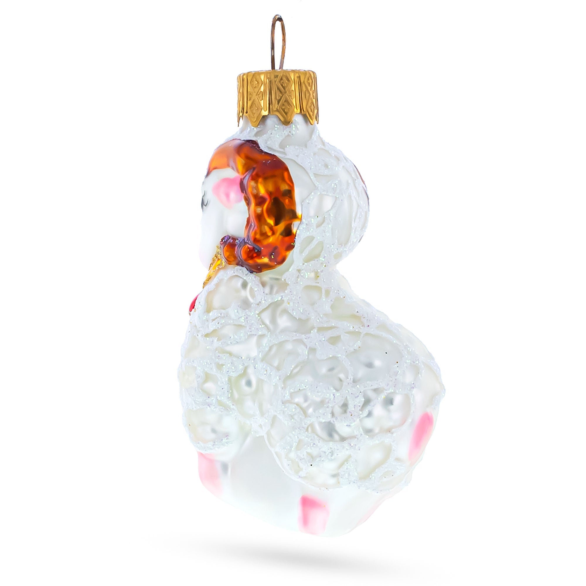 White Ram with Red Bell Glass Christmas Ornament