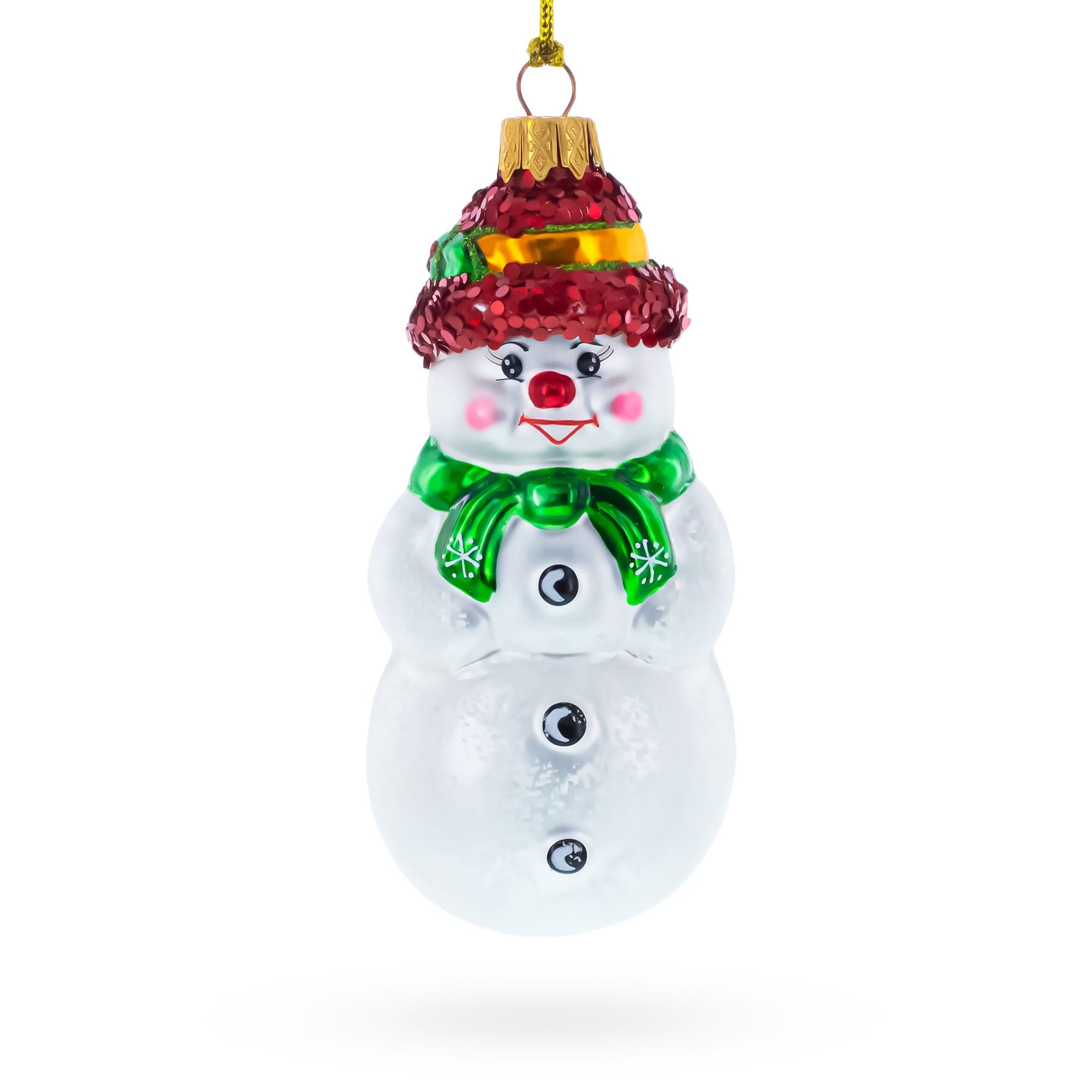 Snowman With Black Buttons and Red Nose Glass Christmas Ornament BestPysanky