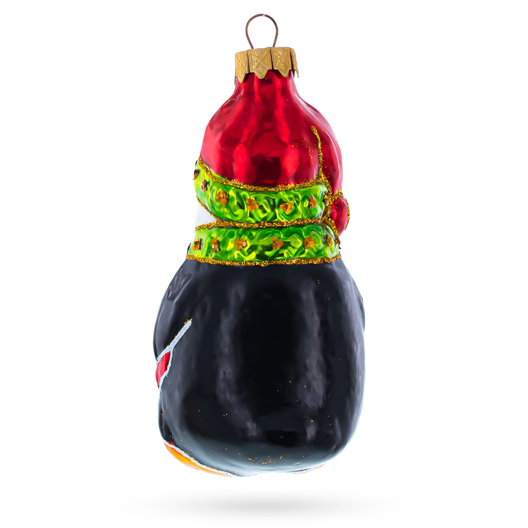 Penguin in Santa Hat with Red Present Glass Christmas Ornament