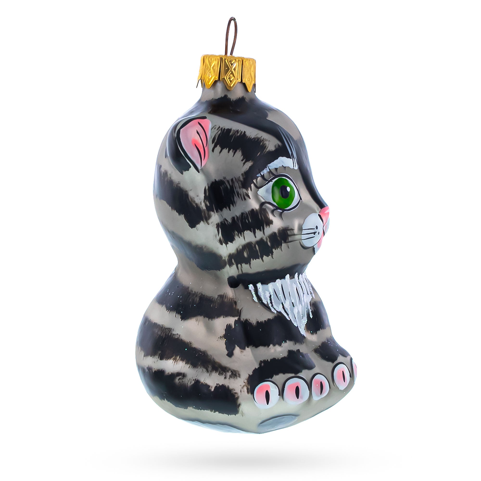 Striped Cat with Green Eyes Glass Christmas Ornament