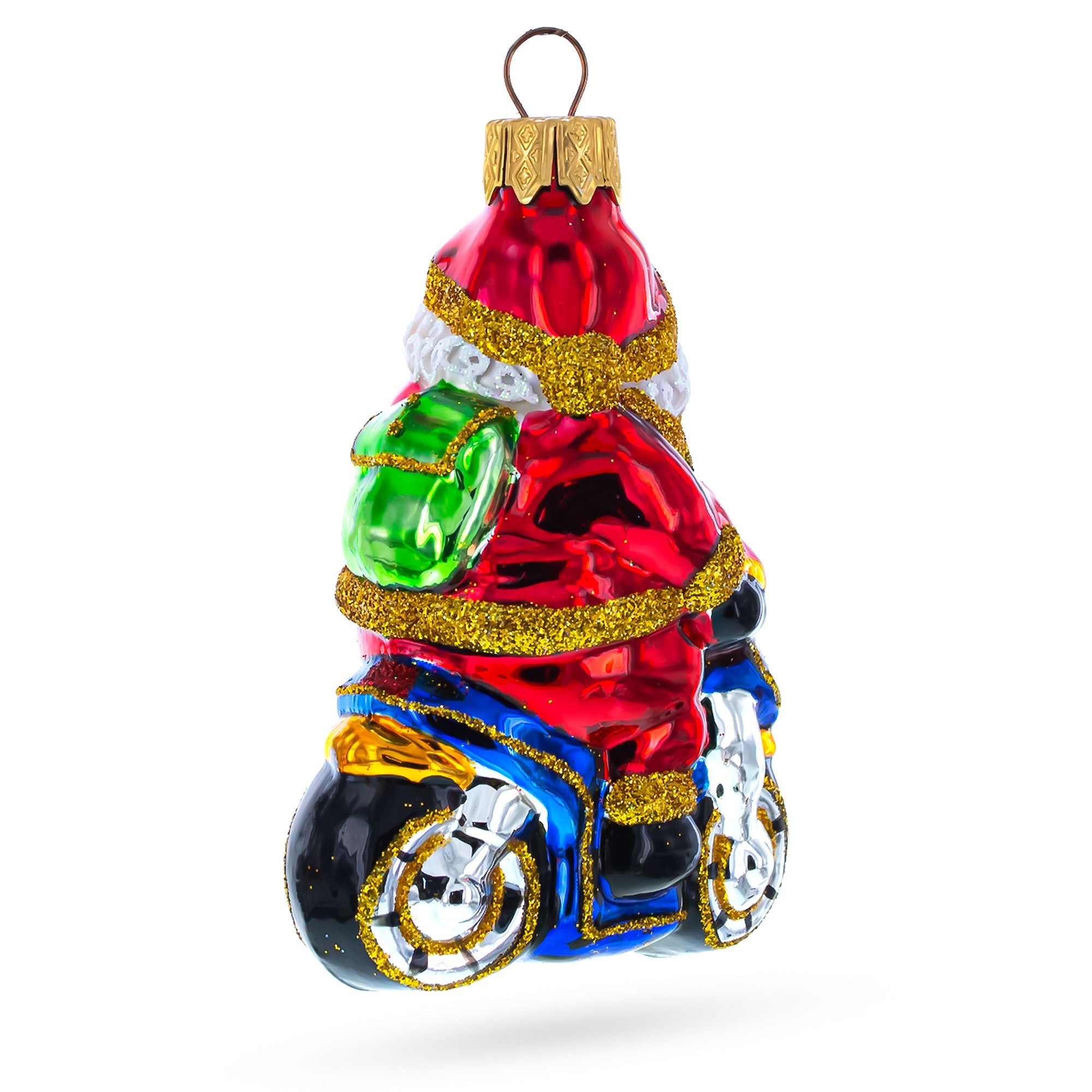Santa on Motorcycle with Green Backpack Glass Christmas Ornament