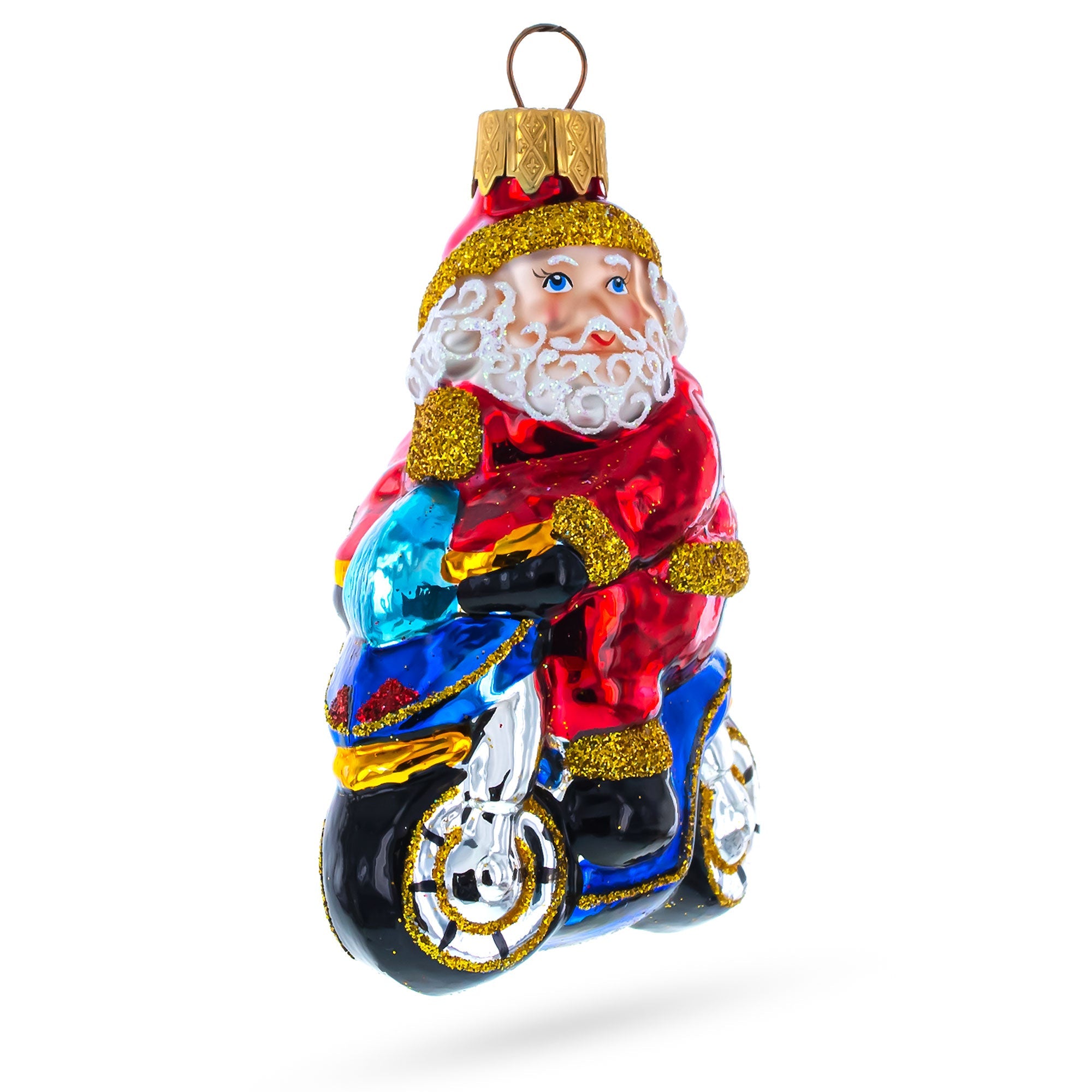 Santa on Motorcycle with Green Backpack Glass Christmas Ornament
