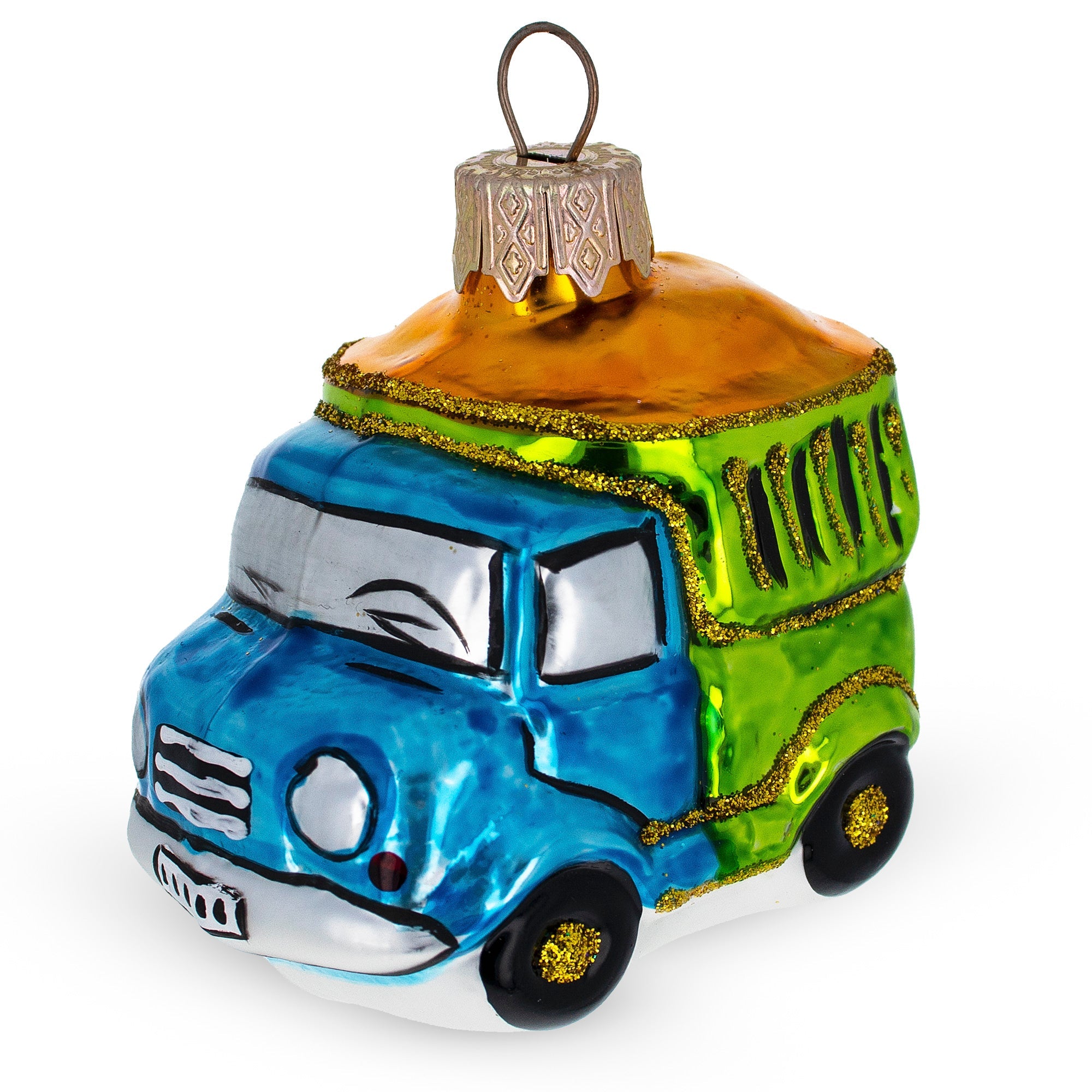 Blue and Green Dump Truck Mini Glass Christmas Ornament