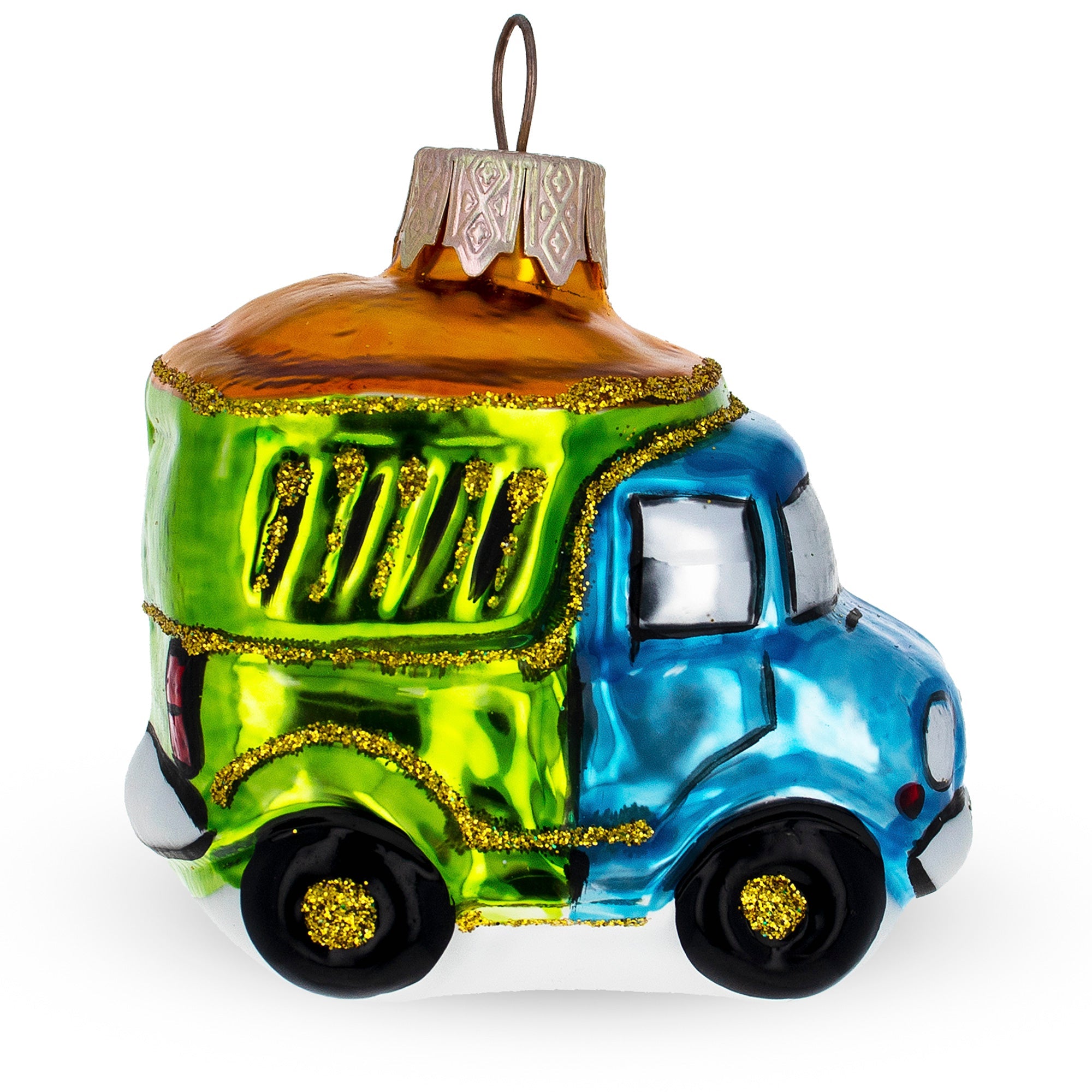 Blue and Green Dump Truck Mini Glass Christmas Ornament