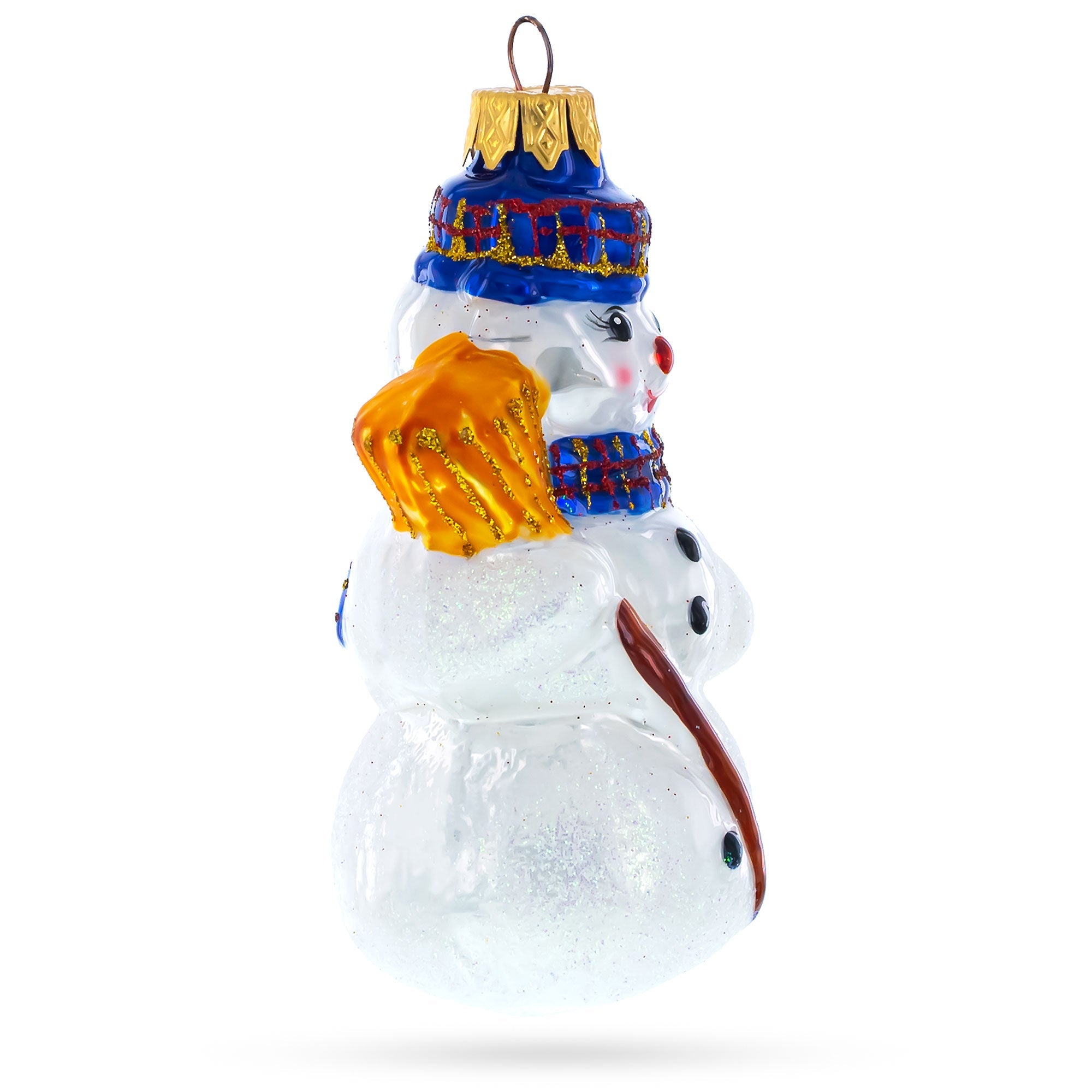 Snowman Wearing Blue Hat and Plaid Scarf with Broom Glass Christmas Ornament BestPysanky
