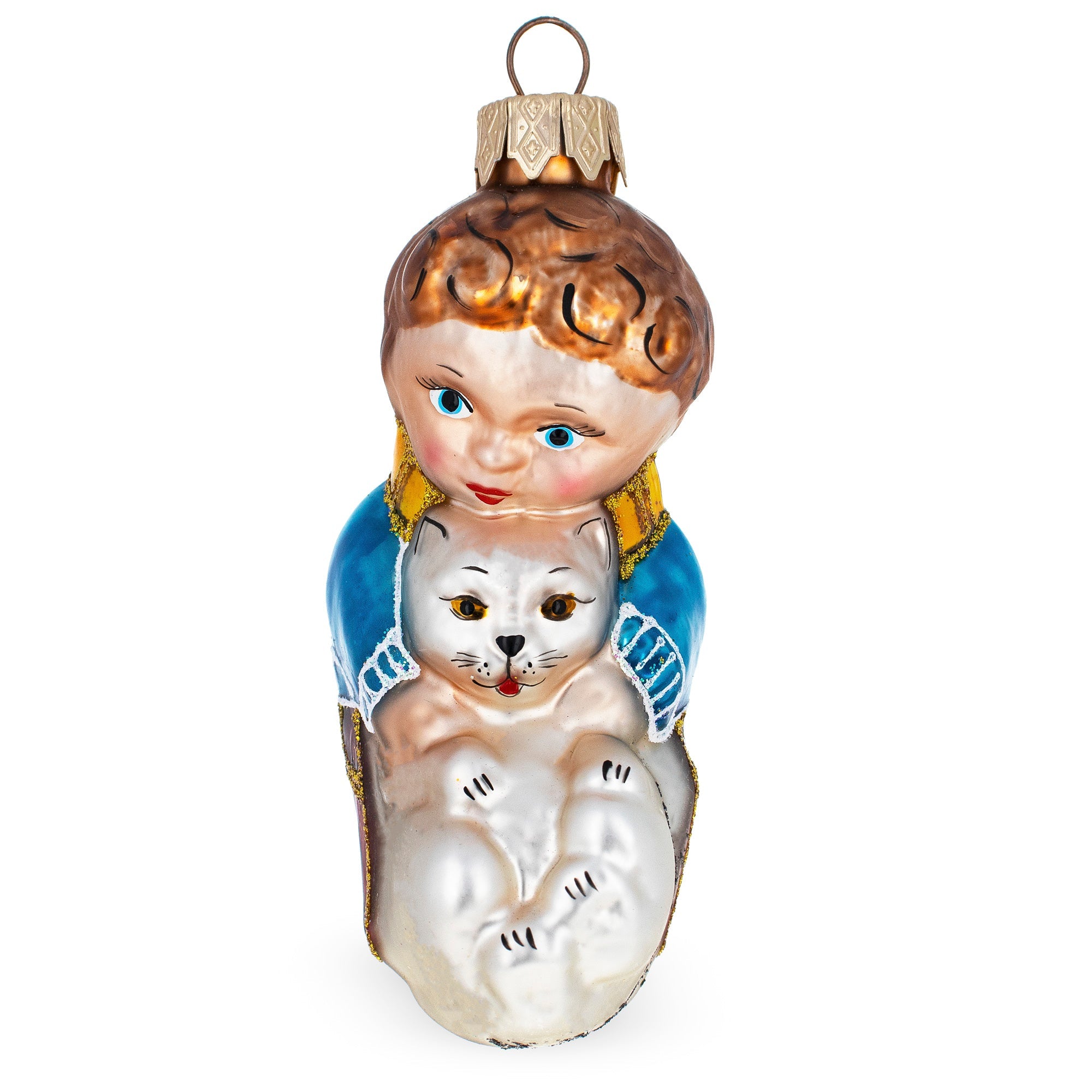 Boy Hugging White Cat Glass Christmas Ornament