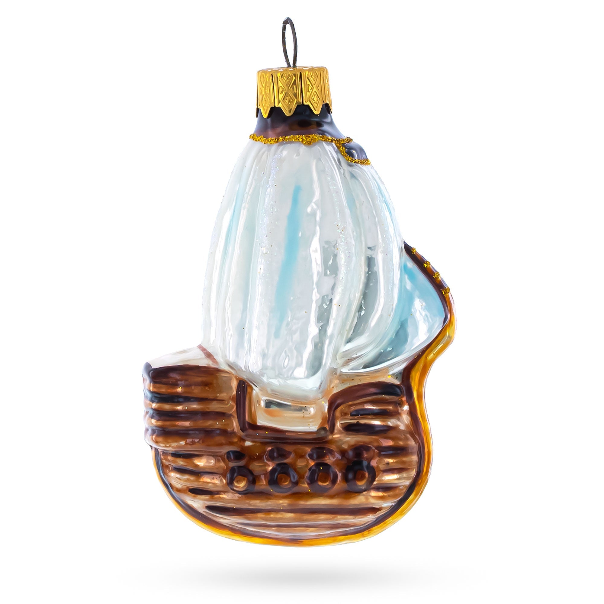 Wooden Sailboat with Billowing White Sails Glass Christmas Ornament BestPysanky