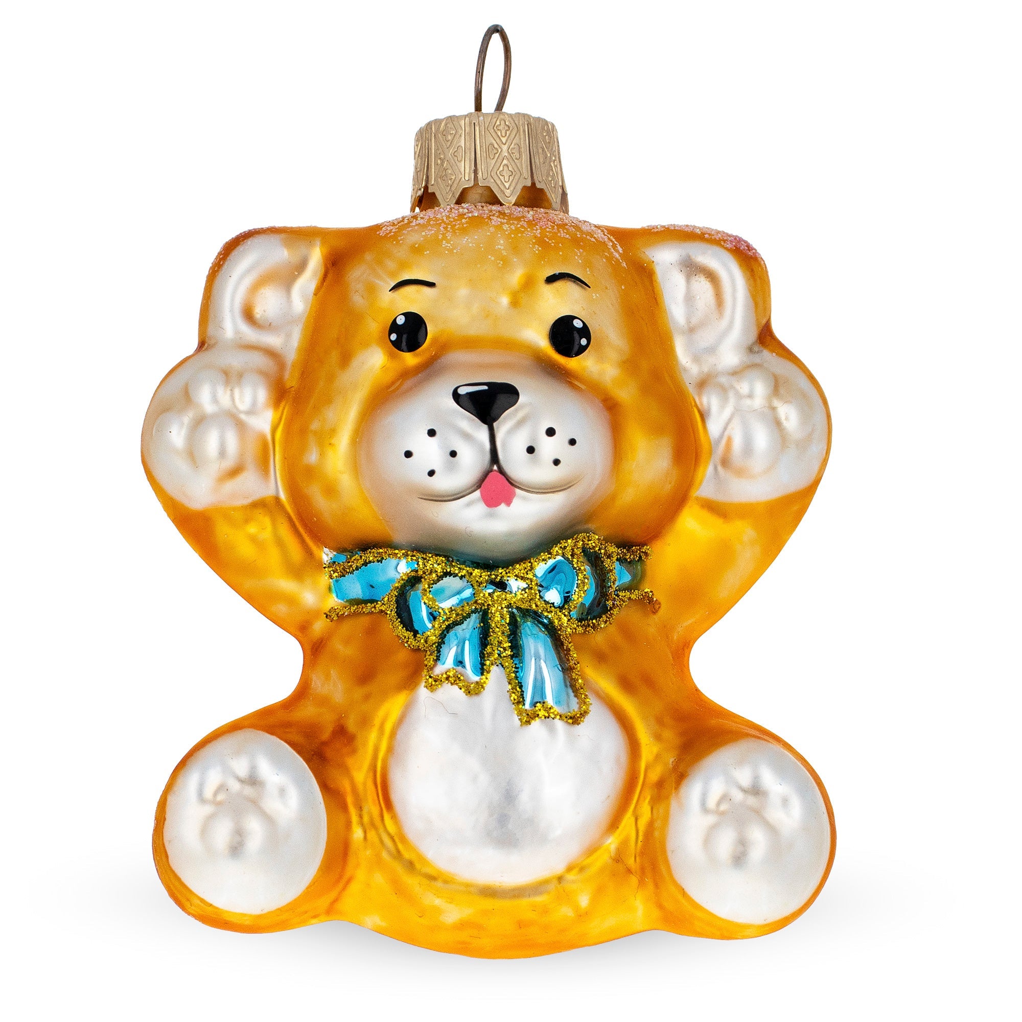 Golden Bear with Blue Bow and Raised Paws Glass Christmas Ornament