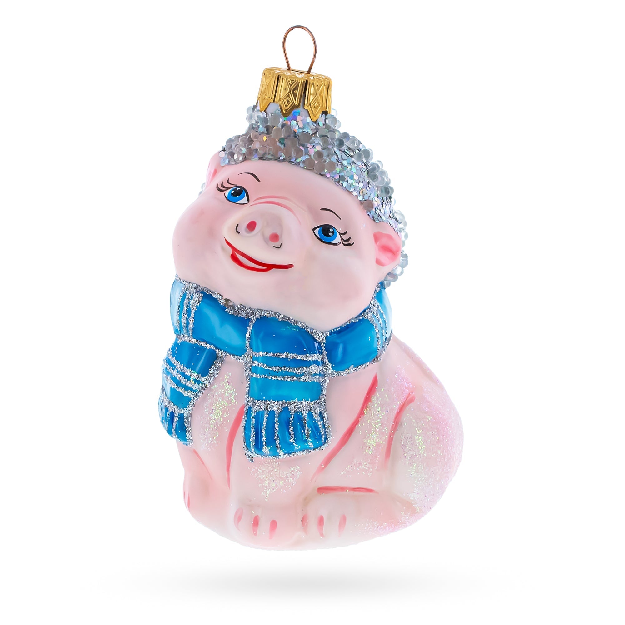 Piglet with Blue Scarf Glass Christmas Ornament