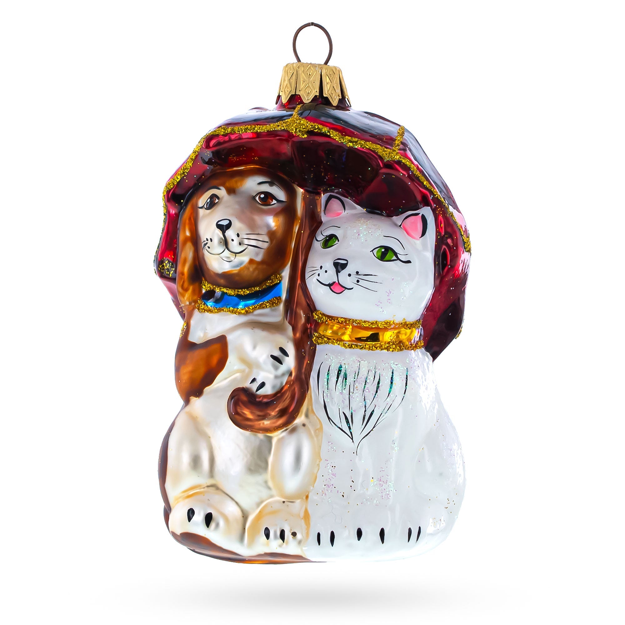 Best Friends Cat and Dog Under Umbrella Glass Christmas Ornament BestPysanky