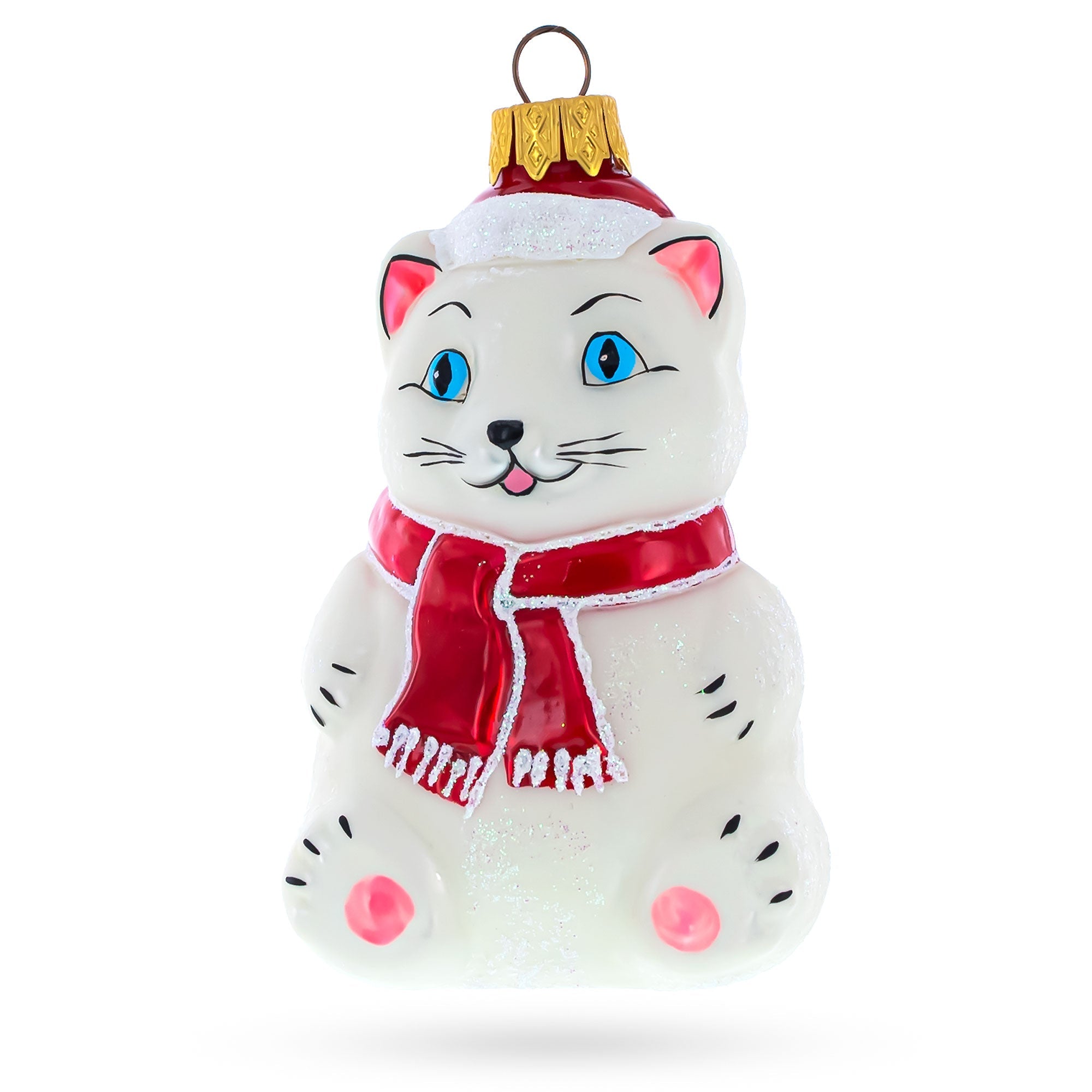 White Cat with Red Scarf Glass Christmas Ornament BestPysanky