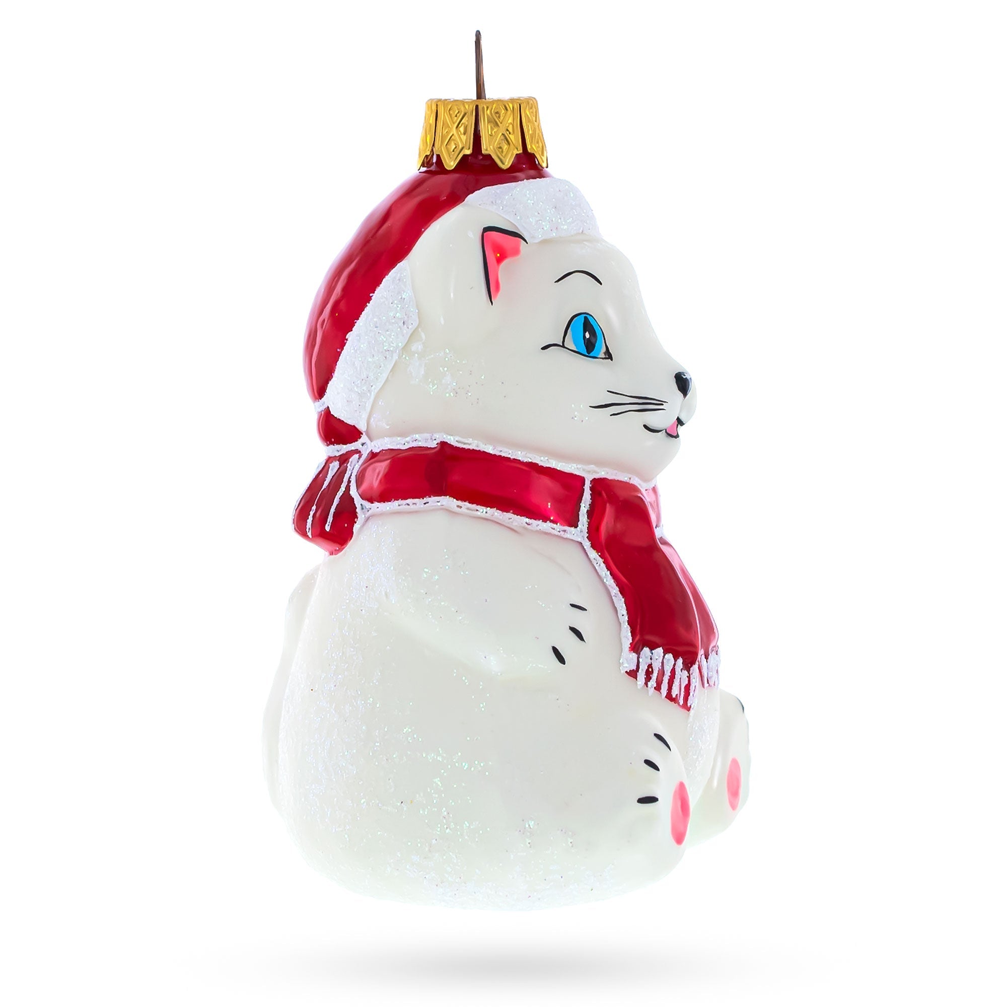 White Cat with Red Scarf Glass Christmas Ornament BestPysanky