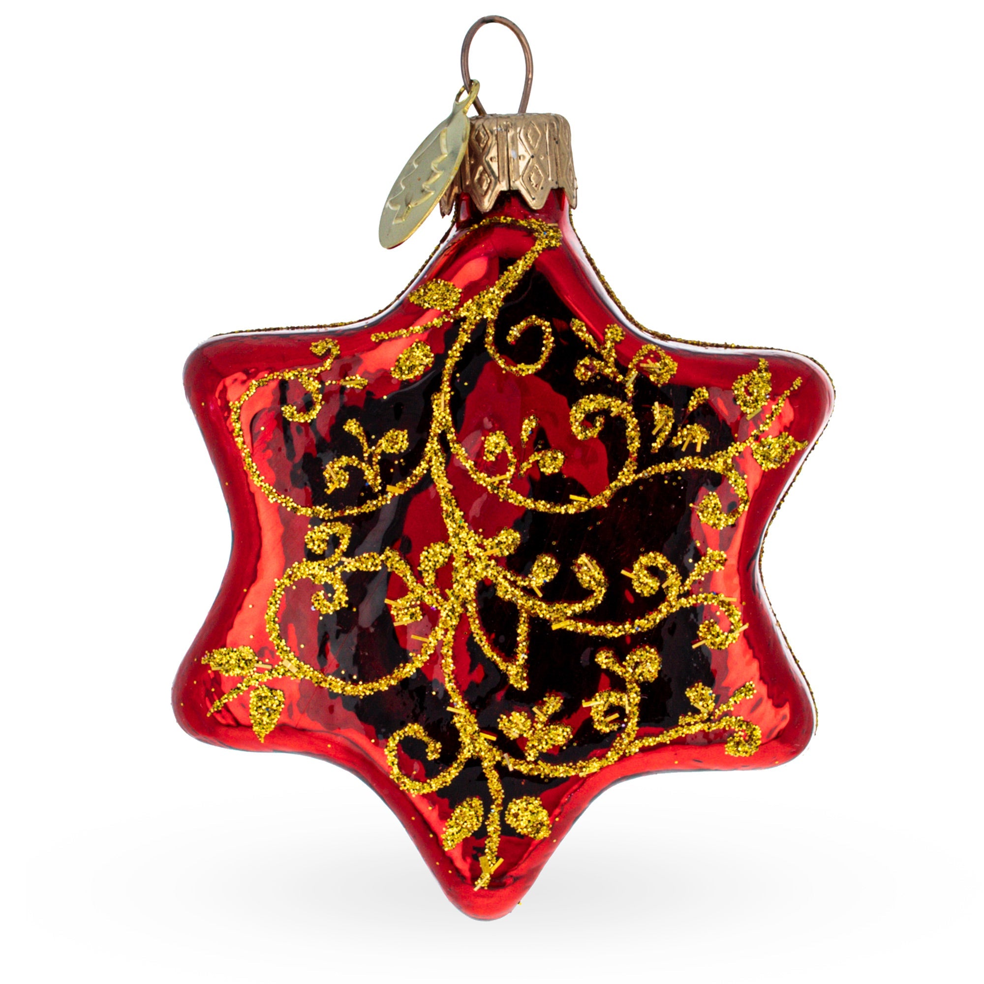 Glossy Red Hexagon with Golden Pattern Glass Christmas Ornament