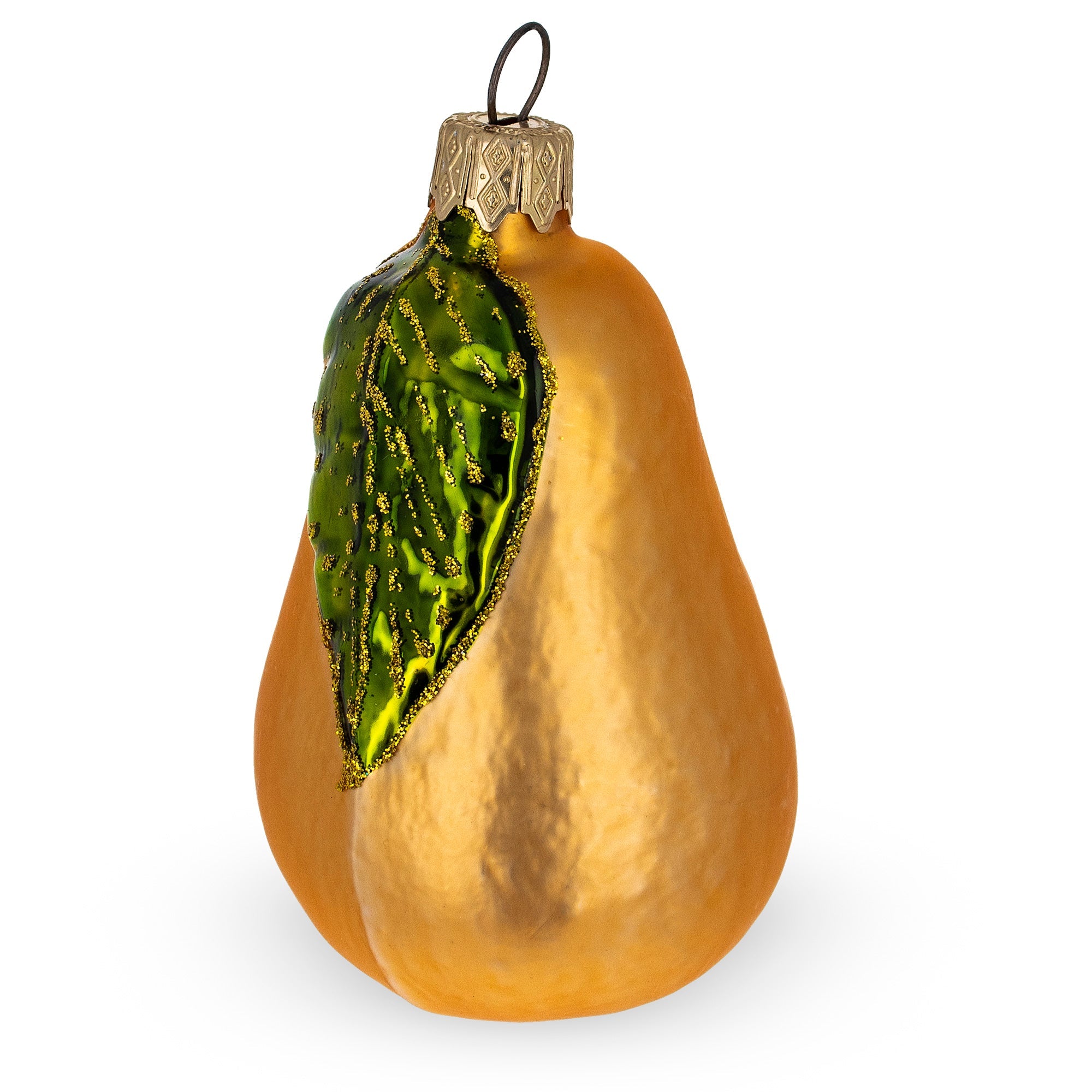 Pear with Green Leaf Glass Christmas Ornament 3.8 Inches