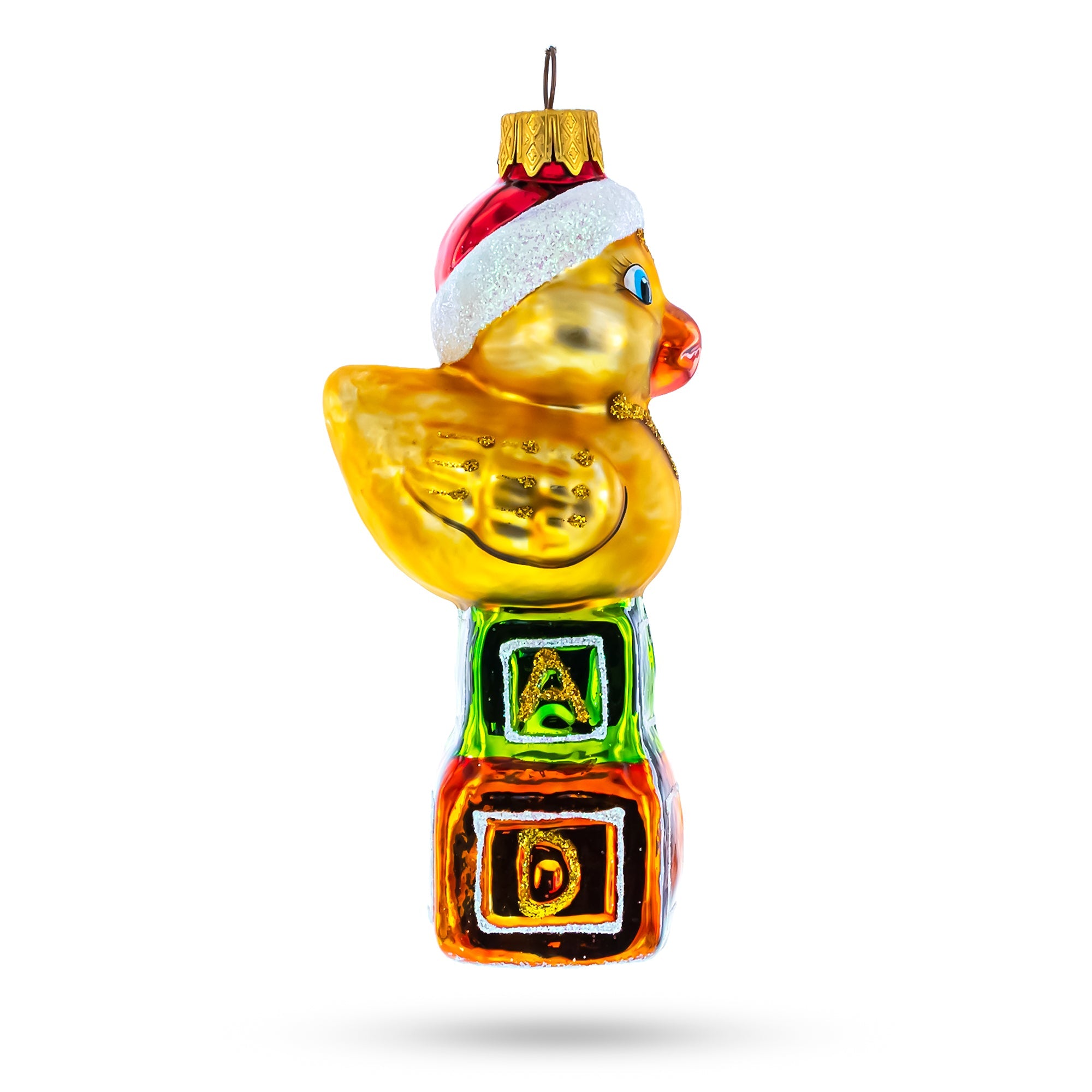 Yellow Duck in Santa Hat on Letter Blocks Glass Christmas Ornament