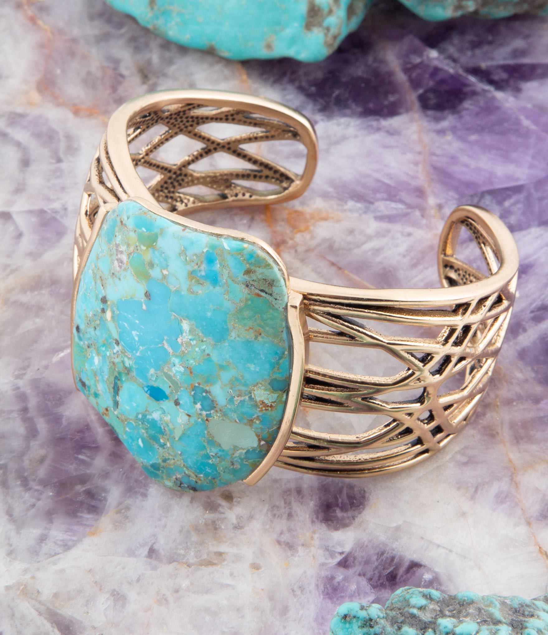 Abstract Blue Turquoise Golden Statement Cuff Barse Jewelry