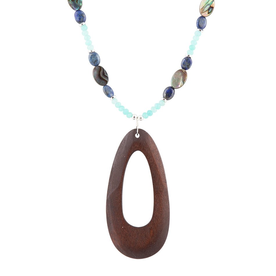 Ajo Blue Abalone and Amazonite Wood Pendant Necklace Barse Jewelry