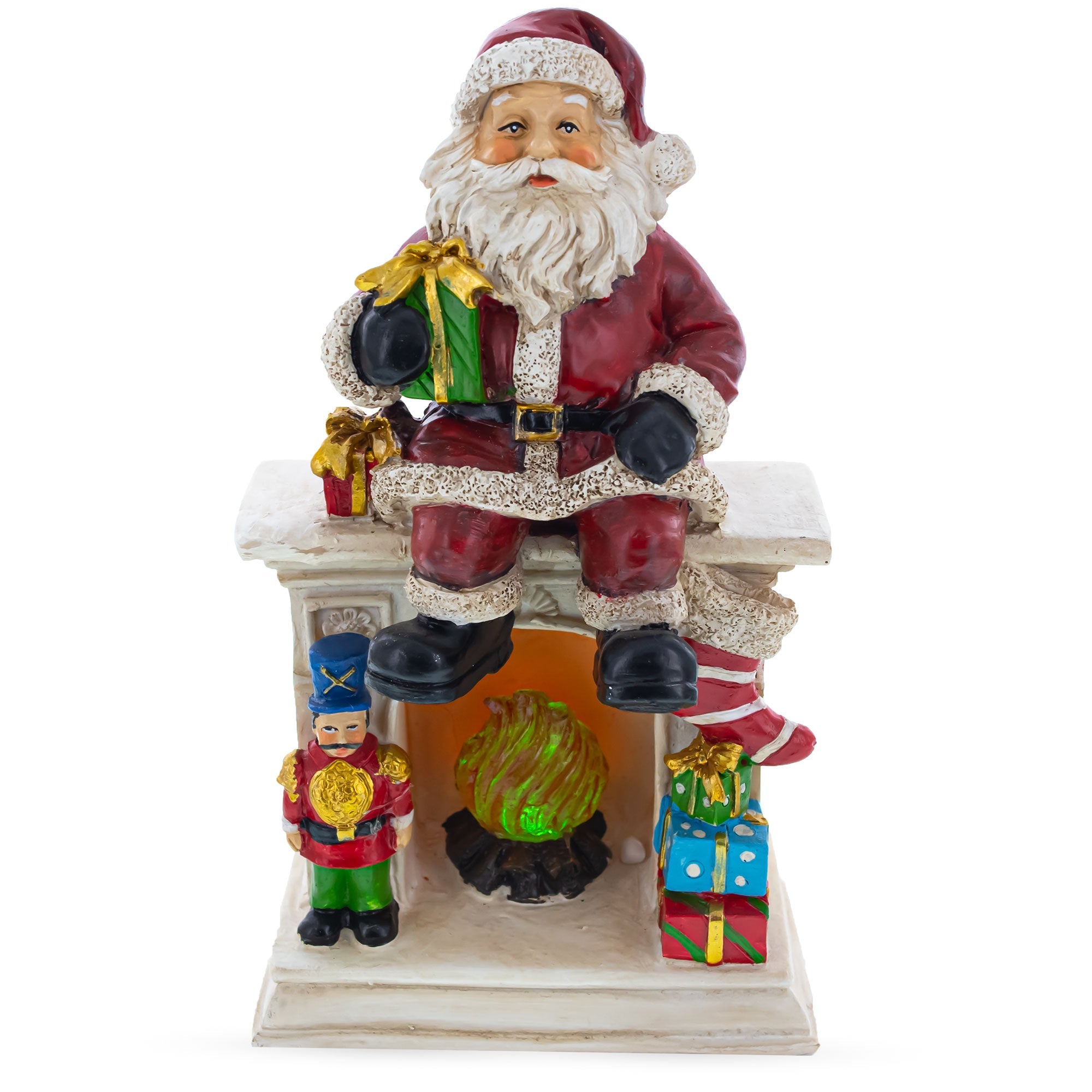 Santa Sitting on a Fireplace LED Lights Figurine 7.75 Inches