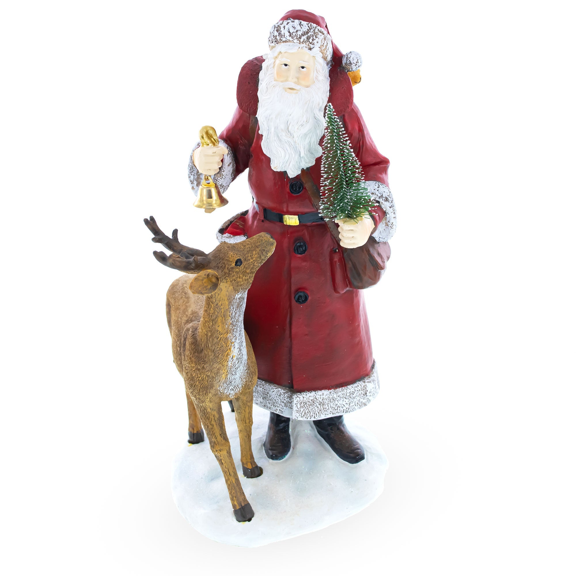 Santa Holding Christmas Tree and Bell by Reindeer Figurine 12 Inches BestPysanky