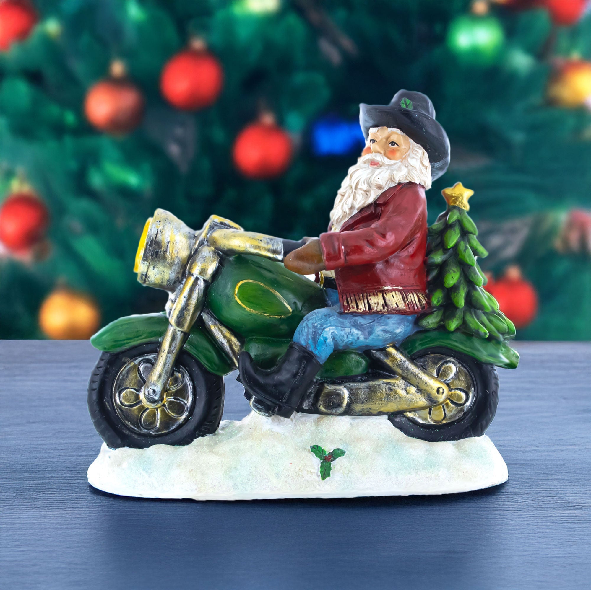 Santa the Cowboy Riding Motorcycle LED Light Figurine 8.5 Inches BestPysanky