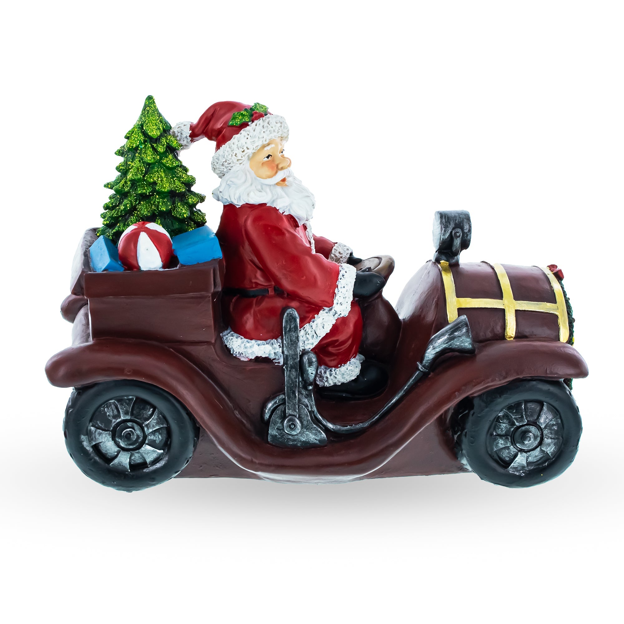 Santa Driving Classic Car with LED Lights Figurine 10.5 Inches Long BestPysanky
