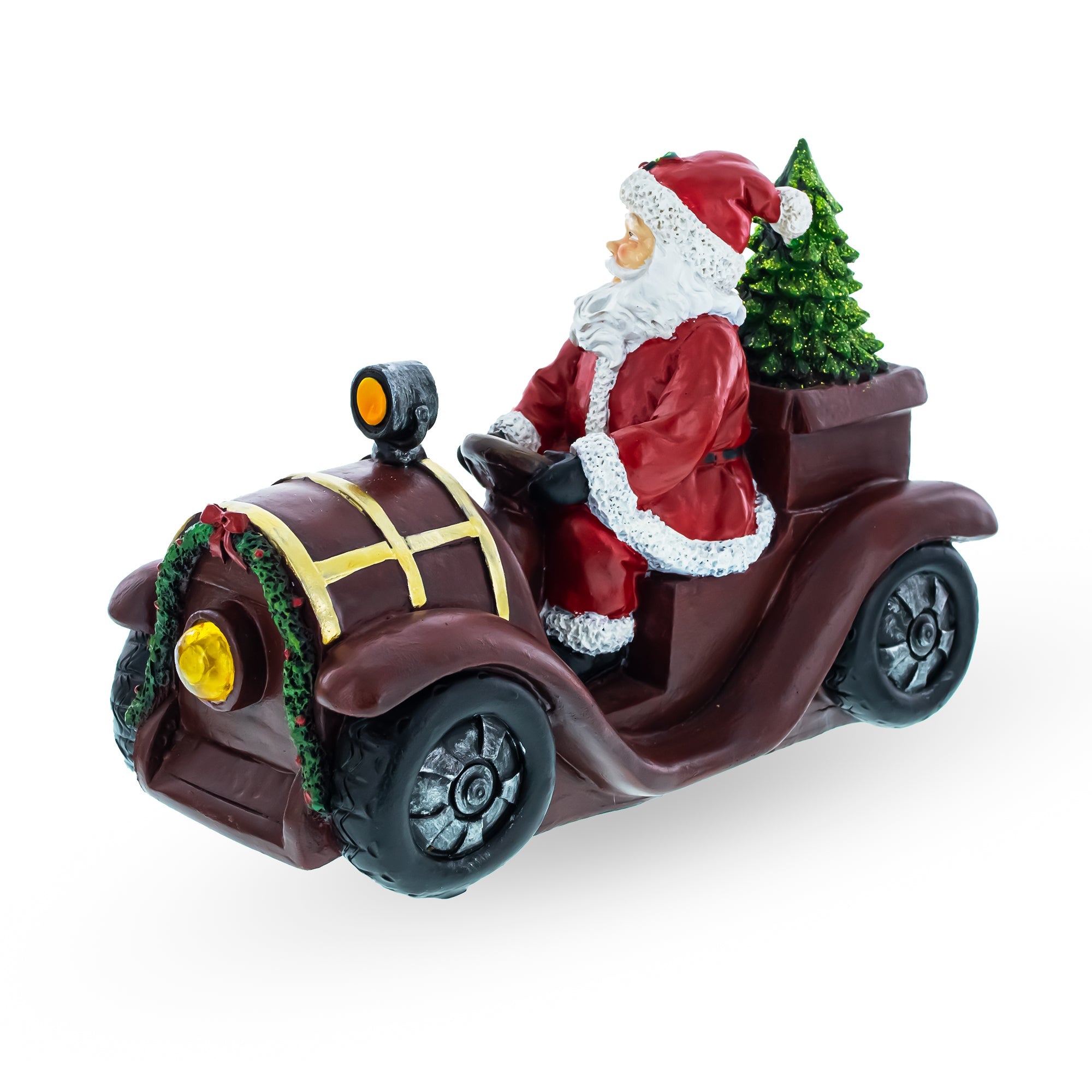Santa Driving Classic Car with LED Lights Figurine 10.5 Inches Long BestPysanky