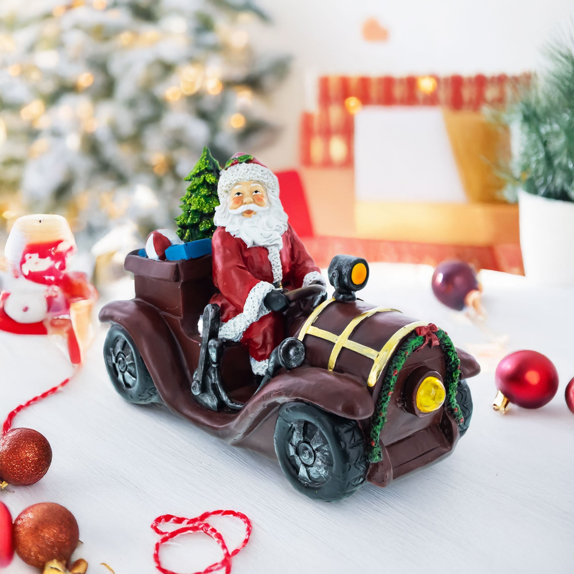 Santa Driving Classic Car with LED Lights Figurine 10.5 Inches Long BestPysanky