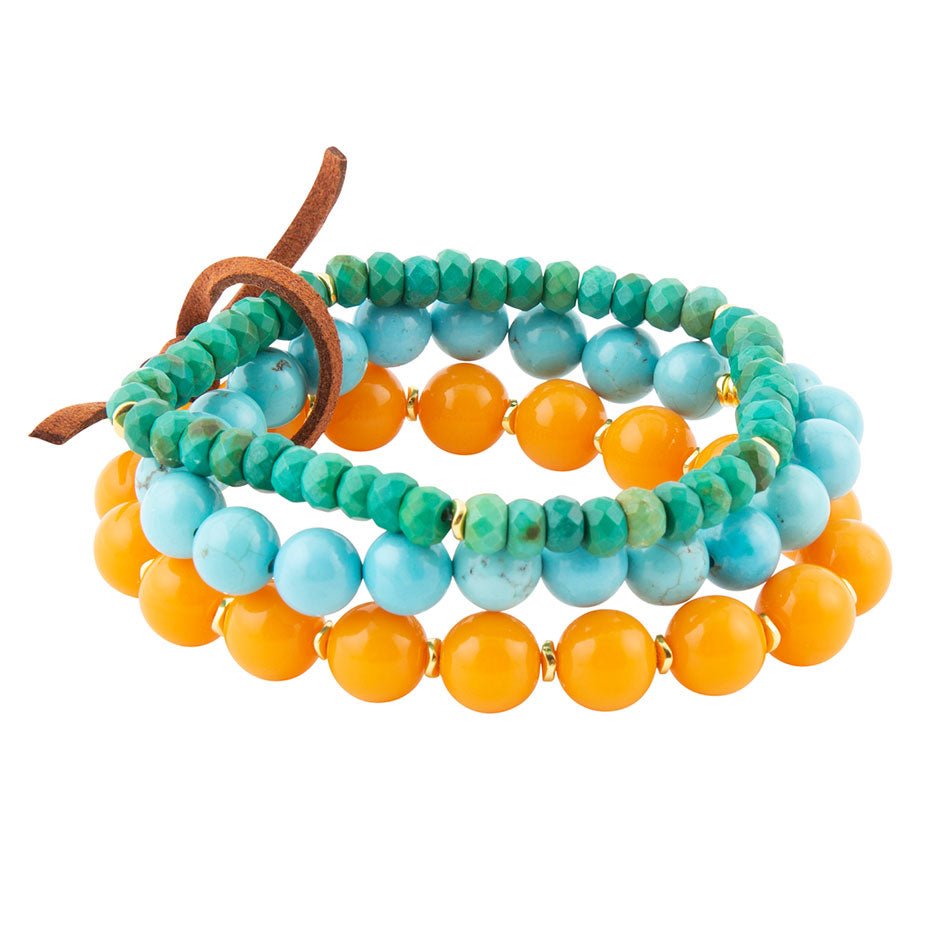 Apricot Blue Teals Triple Golden Bracelet Set Barse Jewelry