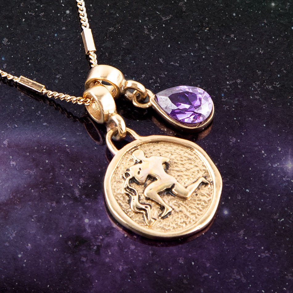 Aquarius - Zodiac Purple Amethyst Golden Charm Necklace Barse Jewelry