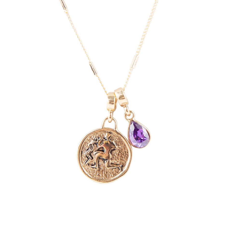 Aquarius - Zodiac Purple Amethyst Golden Charm Necklace Barse Jewelry