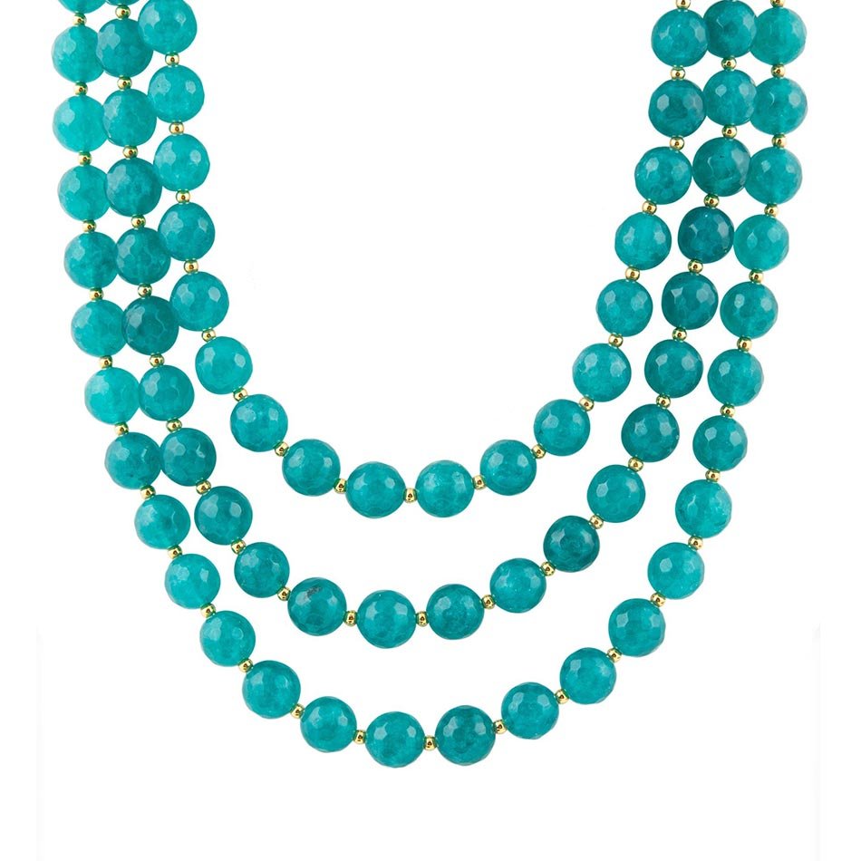 Argo Blue Teal Jade Triple Strand Golden Necklace Barse Jewelry