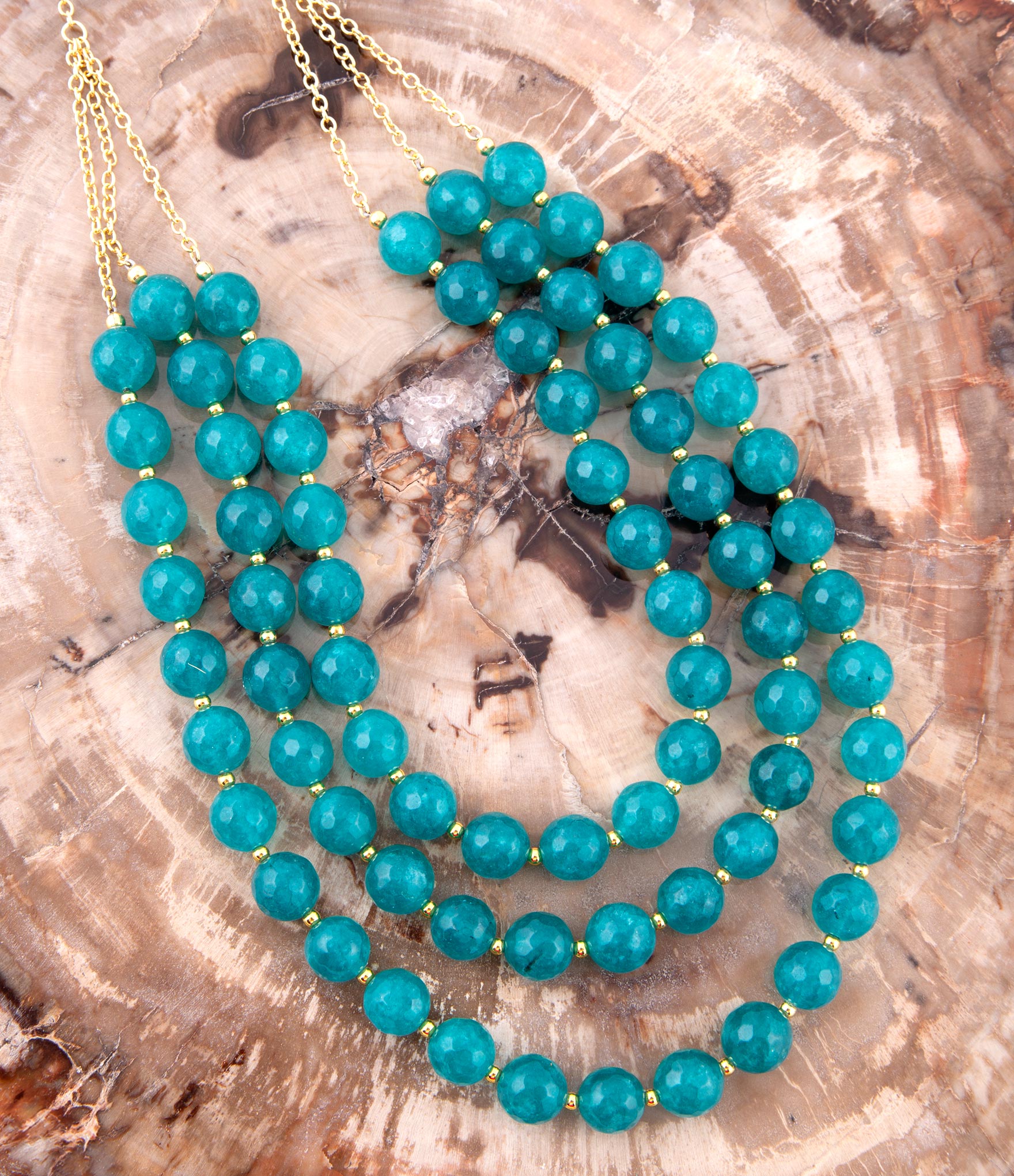 Argo Blue Teal Jade Triple Strand Golden Necklace Barse Jewelry