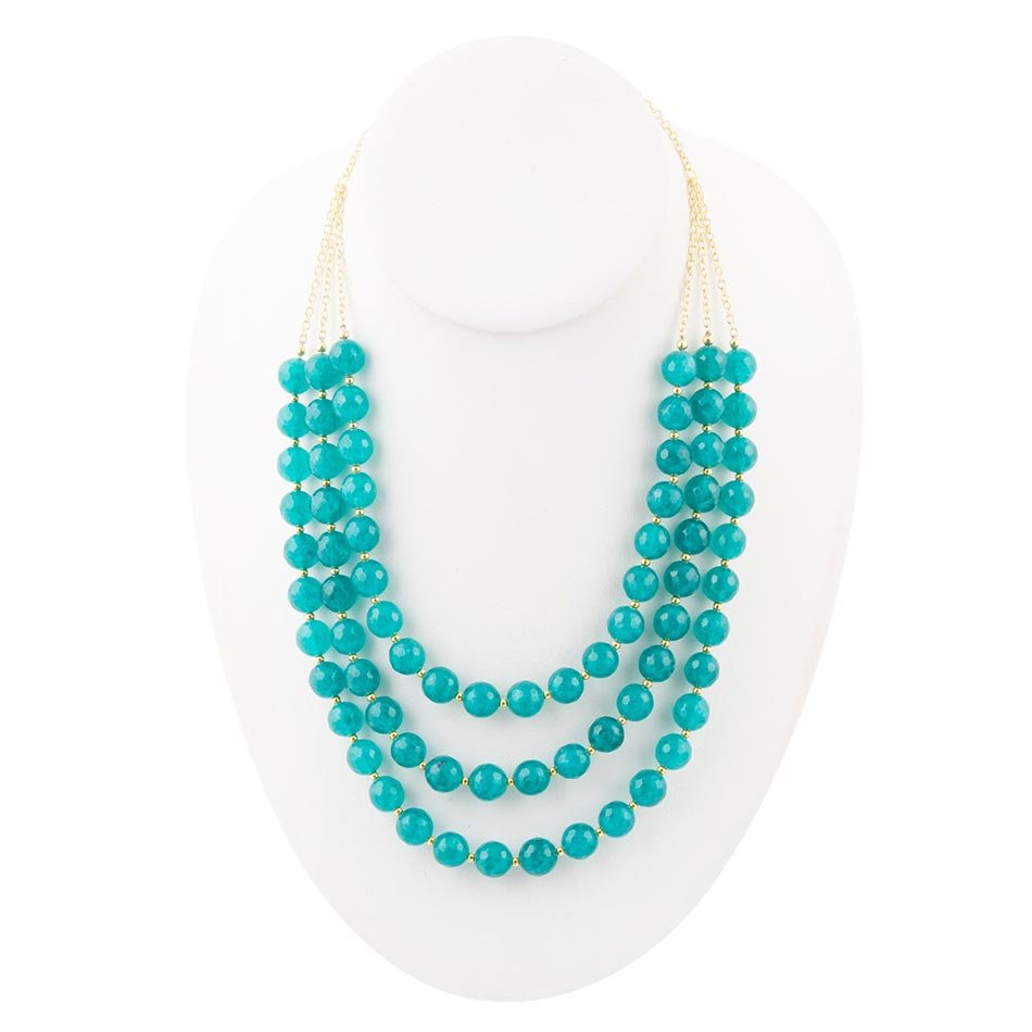 Argo Blue Teal Jade Triple Strand Golden Necklace Barse Jewelry