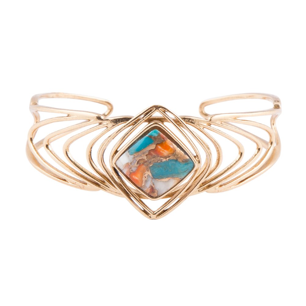 Arrows Blue Turquoise and Orange Spiny Oyster Matrix Golden Cuff Bracelet Barse Jewelry