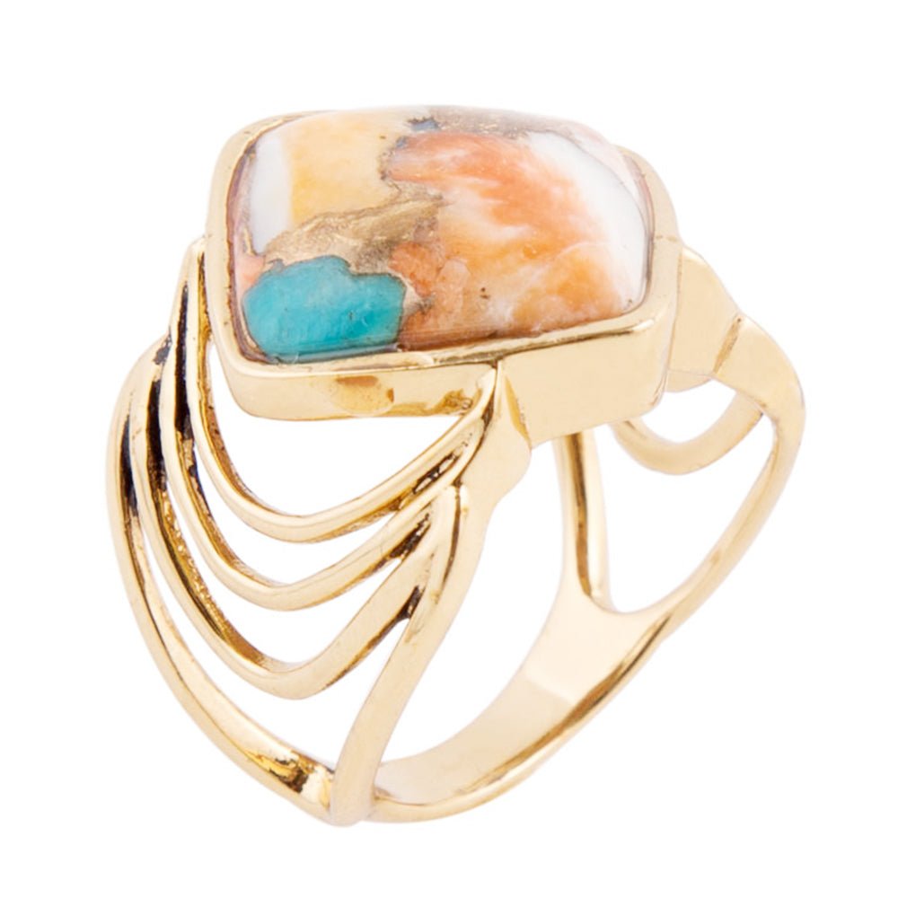 Arrows Blue Turquoise and Orange Spiny Oyster Matrix Golden Ring Barse Jewelry