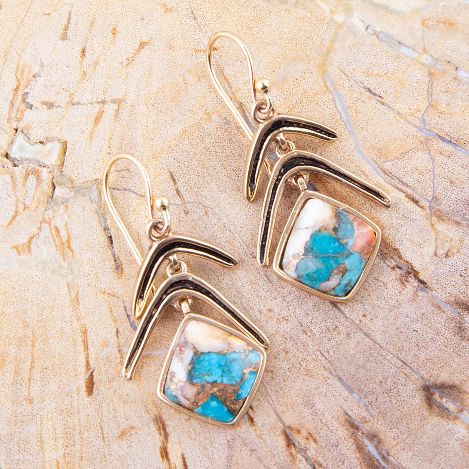 Arrows Blue Turquoise and Spiny Oyster Matrix Golden Drop Earrings Barse Jewelry