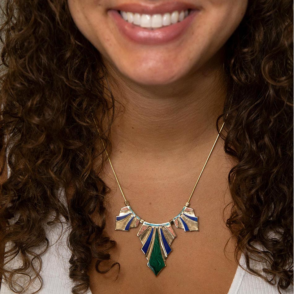 Art Deco Colorful Inlaid Golden Statement Necklace Barse Jewelry