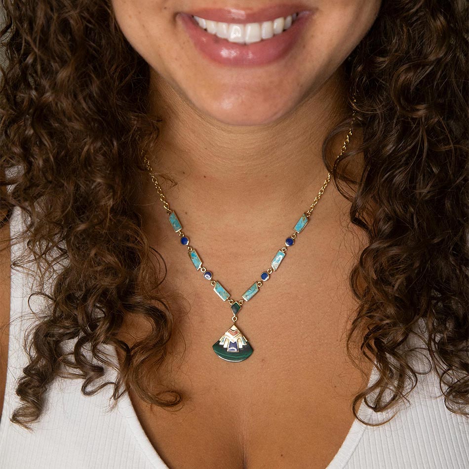 Art Deco Colorful Inlay Golden Necklace Barse Jewelry