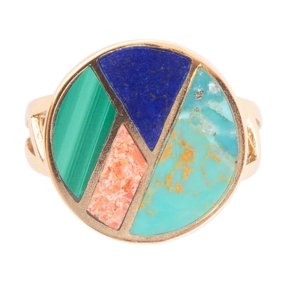 Art Deco Colorful Inlay Golden Ring Barse Jewelry