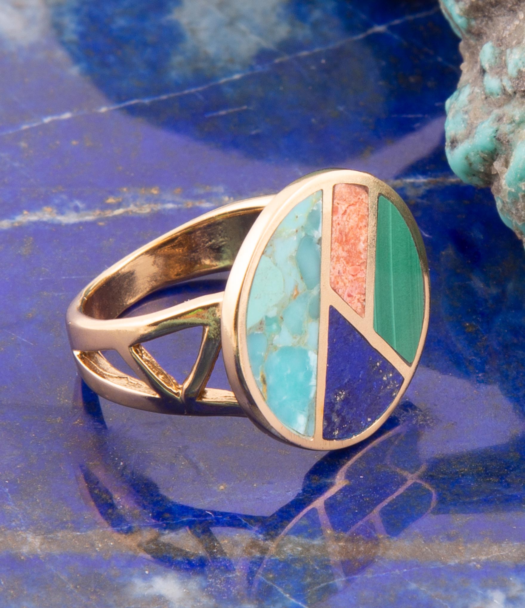 Art Deco Colorful Inlay Golden Ring Barse Jewelry