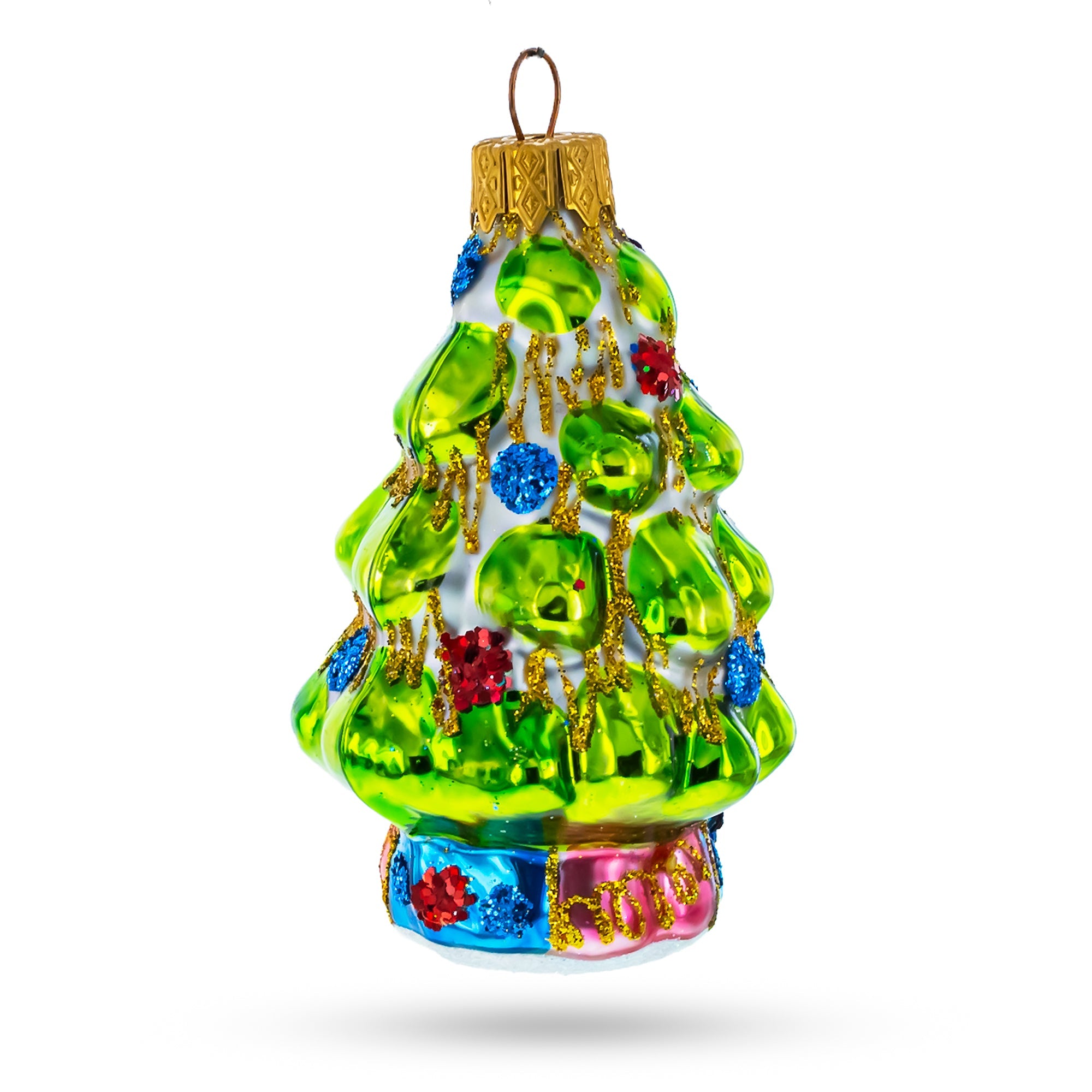 Tree Adorned with Golden Garland Glass Christmas Ornament