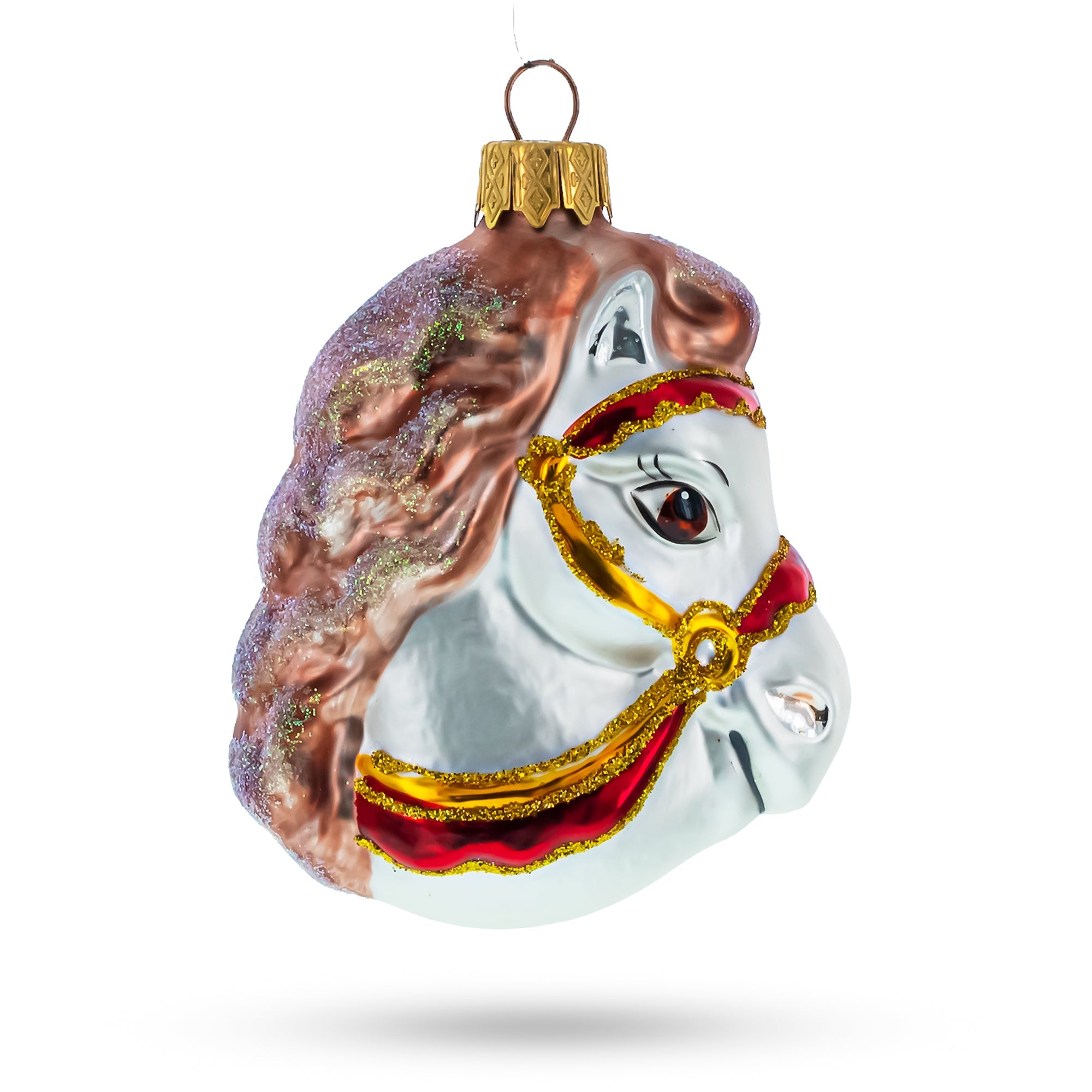 White Horse Head with Golden Bridle Glass Christmas Ornaments