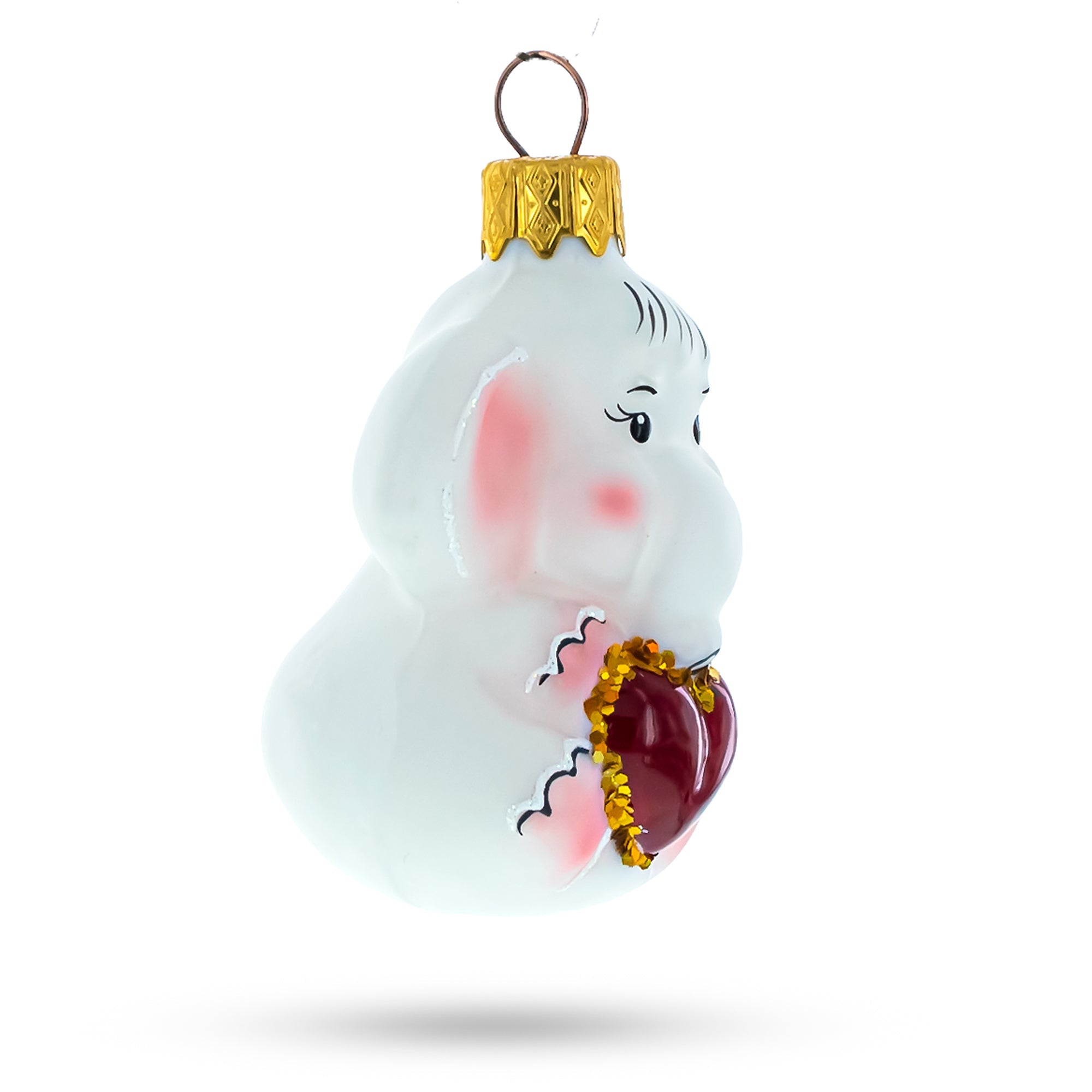 White Elephant with Red Heart Mini Glass Christmas Ornament