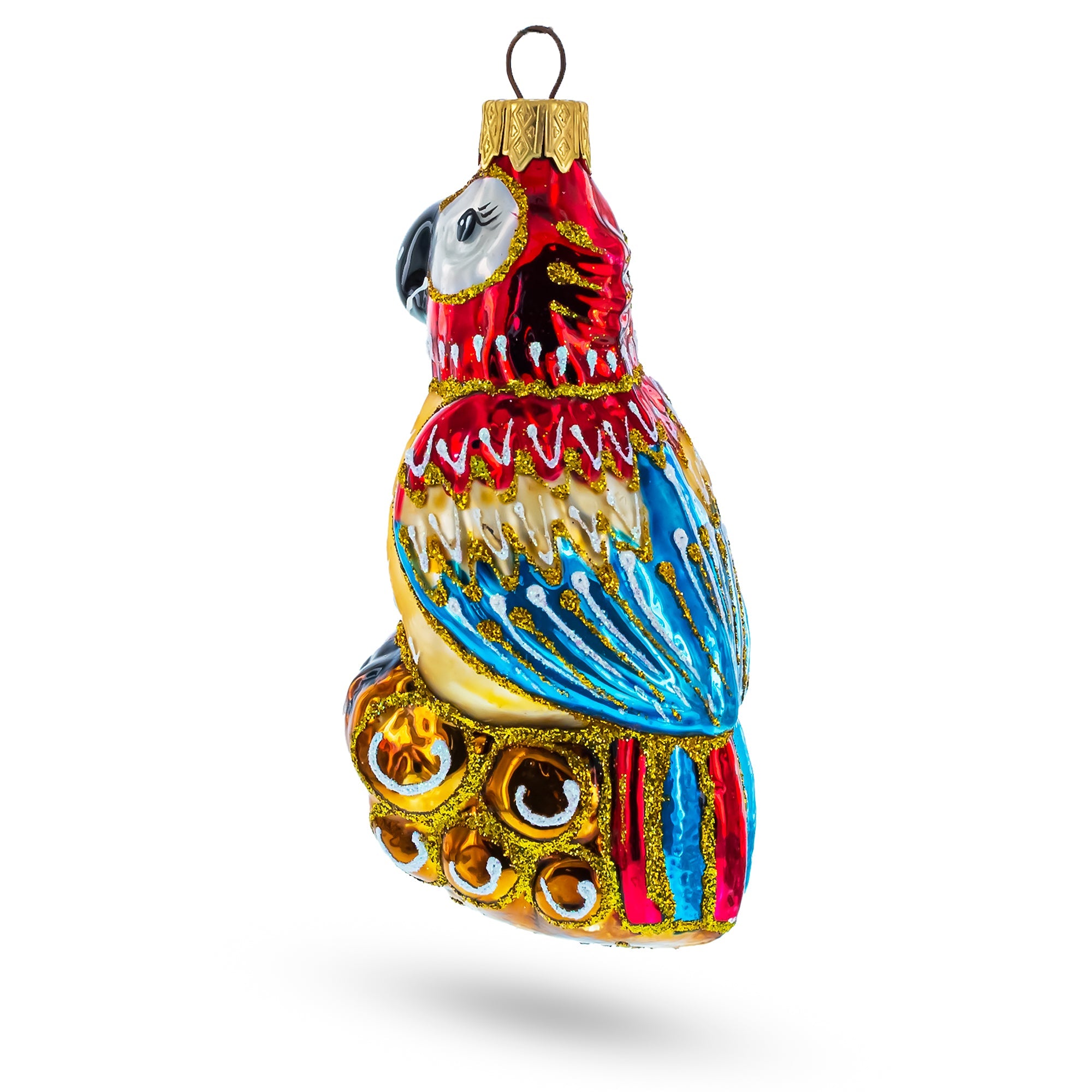 Vibrant Pirate Parrot Sitting on Barrel Stack Glass Christmas Ornament