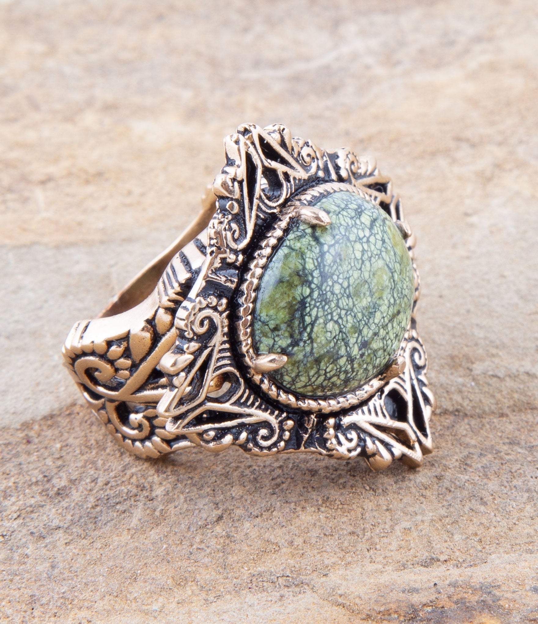 Aspen Green Serpentine Golden Statement Ring Barse Jewelry