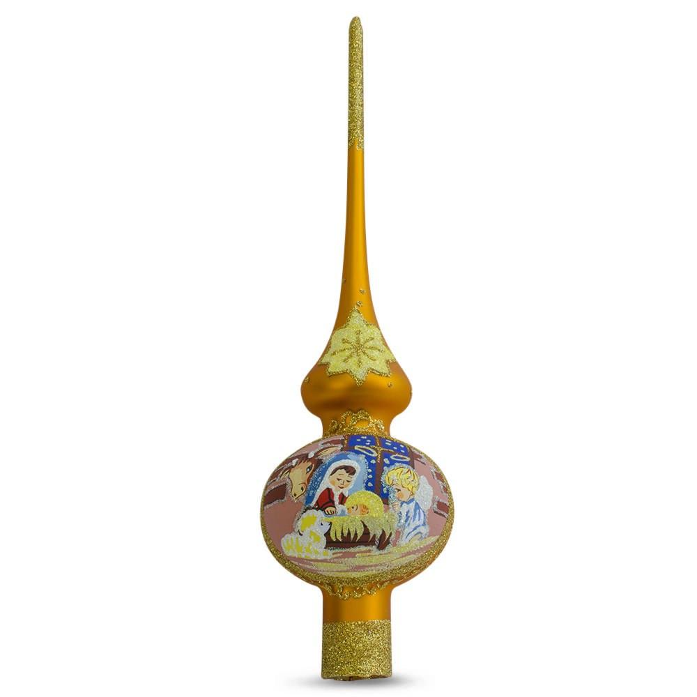 Angels Admire Jesus Nativity Scene Gold Glass Christmas Tree Topper 11 Inches