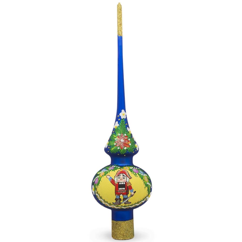 Nutcracker and Wreath on Blue Glass Christmas Tree Topper 11 Inches